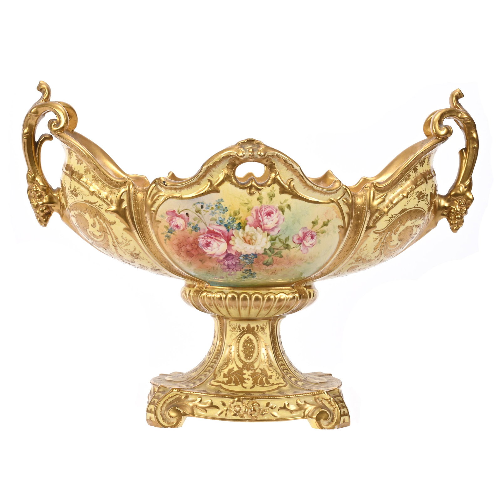 Pedestal Center Bowl Marked Royal Bonn: Pedestal Center Bowl Marked Royal Bonn, 11.25" x 15.5" x 8.25", Yellow Tones, Colorful Floral Decor, Extensive Gold Highlights, One Handle Point Has Been Repaired, New Jersey Collection.