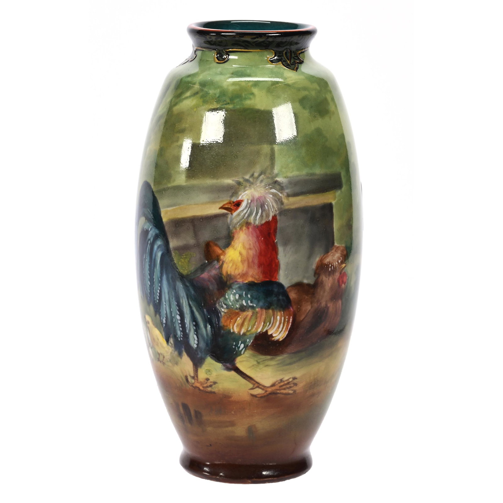 Vase Marked Royal Bonn: Vase Marked Royal Bonn, 6" x 3", Rooster And Hen Scenic Decor, Artist Signed Sticher, Elfriede & Martin Miller Estate, North Dakota.