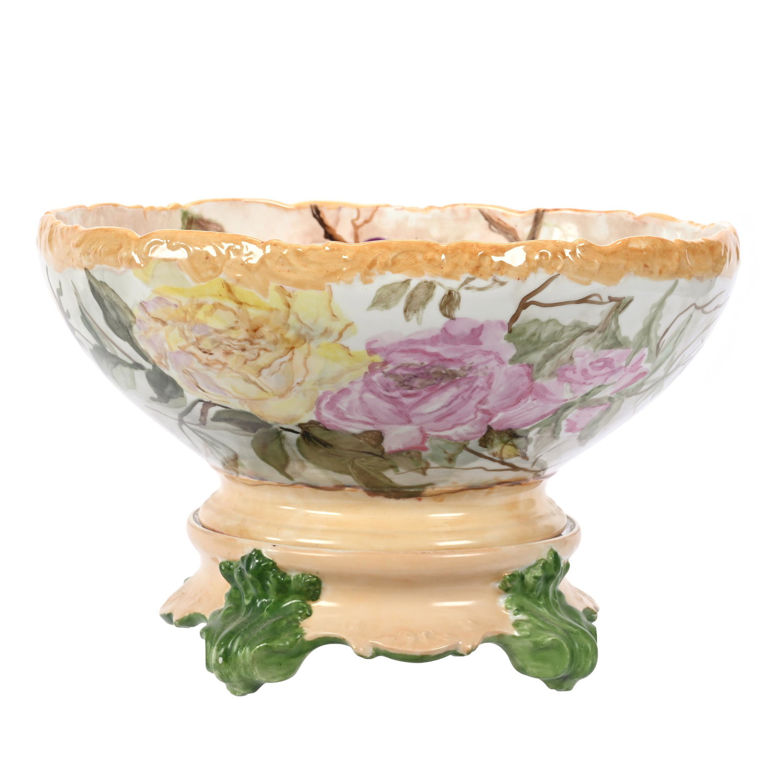 Pedestal Punch Bowl Marked T&V Limoges: Pedestal Punch Bowl Marked T&V Limoges, 9" x 14", Two Part, Pink, Blue, Green And Cream Tones, Vintage Decor Interior, Roses On Exterior, New Jersey Collection.
