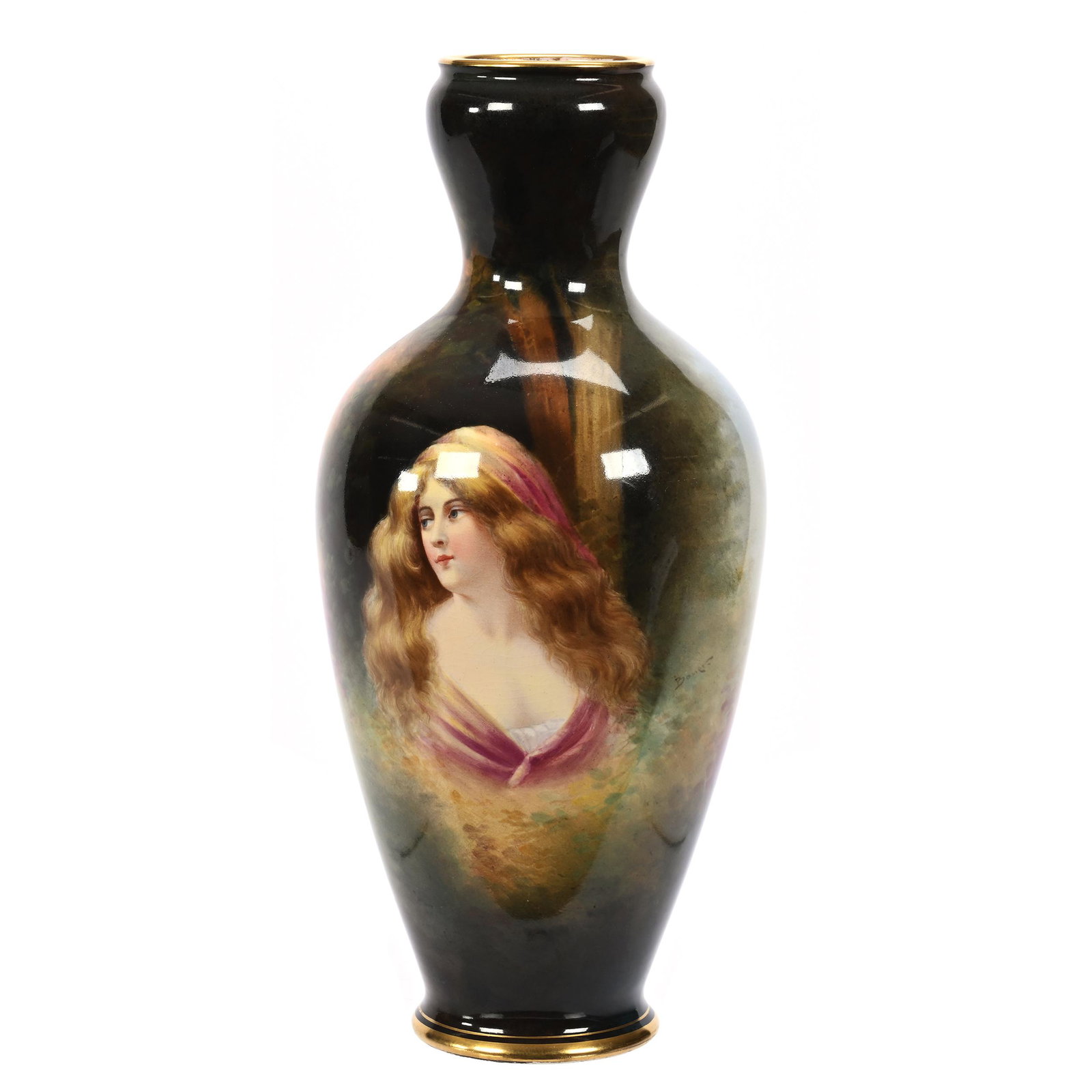 Vase Marked Royal Bonn: Vase Marked Royal Bonn, 12.25" x 5.25", Green, Yellow And Blue Tones, Portrait Of Young Woman, Field Scene On Reverse, Artist Signed, Elfriede & Martin Miller Estate, North Dakota.