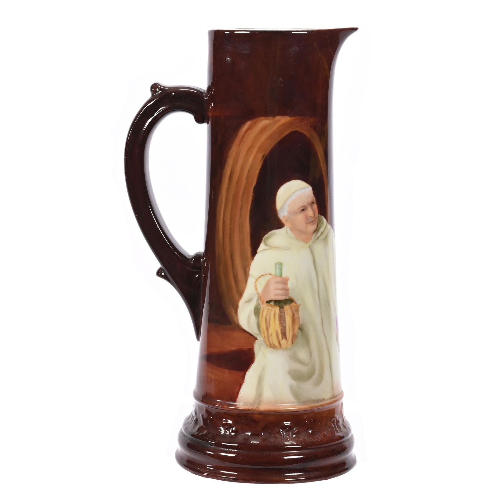 Tankard Marked T&V Limoges: Tankard Marked T&V Limoges, 14.75" x 7.5", Brown With Scene Of Priest Holding Flask And Wine Glass, Inscribed On Base "Lillian From Mother, Christmas 1903", New Jersey Collection.