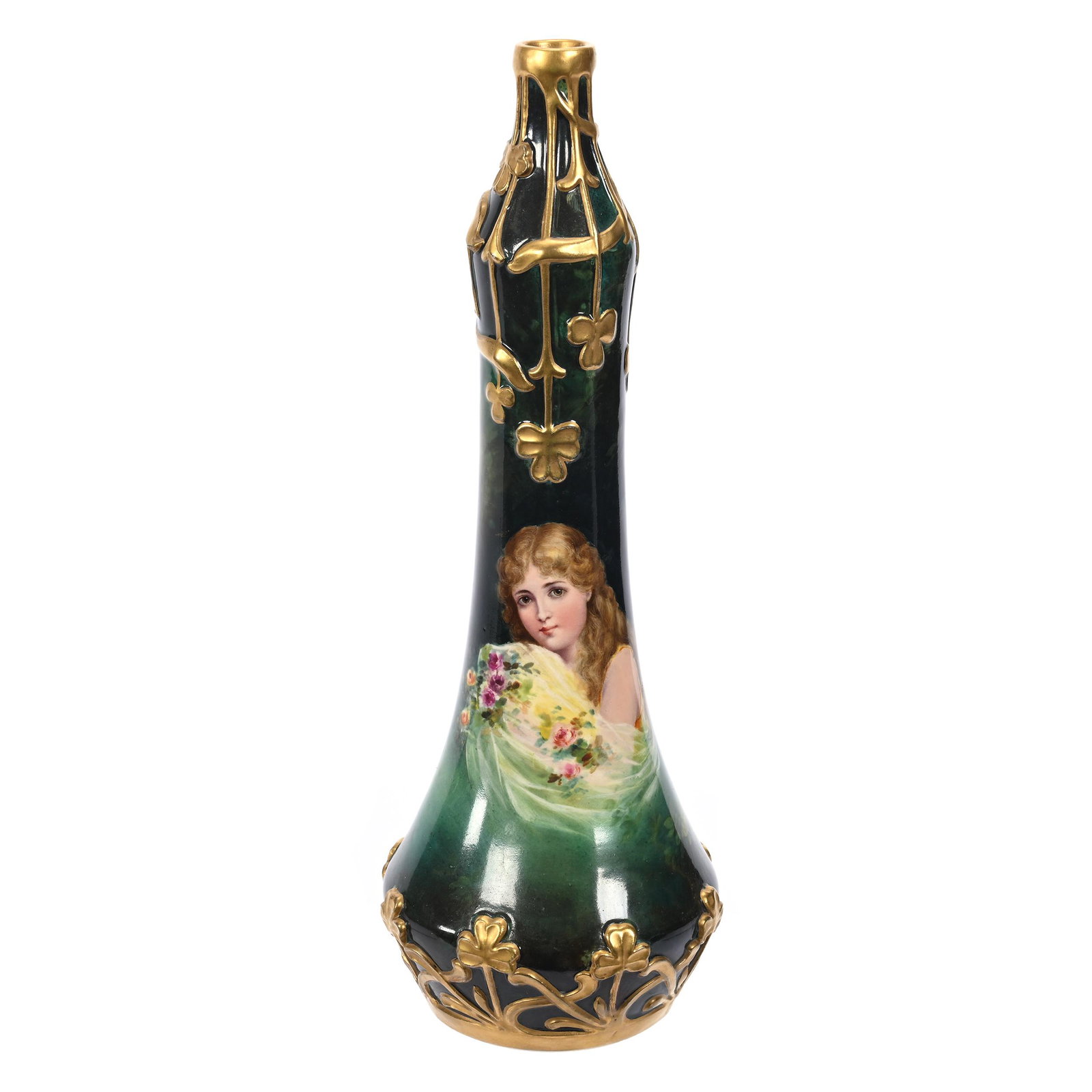 Vase Marked Royal Bonn: Vase Marked Royal Bonn, 13.25" x 4.75", Green And Yellow Tones, Portrait Of Young Girl, Embossed Clover Gold Border, Artist Signed, Elfriede & Martin Miller Estate, North Dakota.