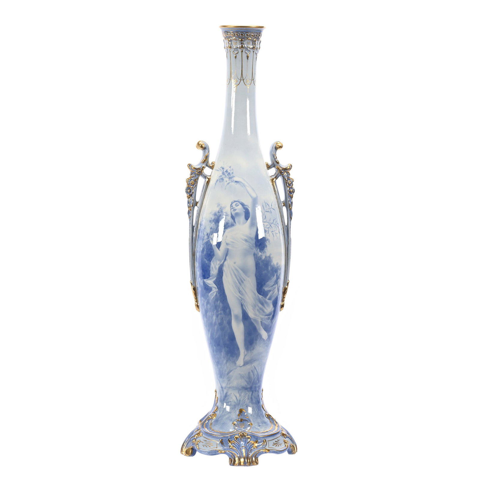 Vase Marked Royal Bonn, Two Handles: Vase Marked Royal Bonn, Two Handles, 27" x 7.5", Incredible Two Tone Blue Scenic Decor Of Young Nude Modestly Covered In Sheer Wrap, Lake Scenic Decor On Reverse, Gold Trim Highlights, Excellent Examp