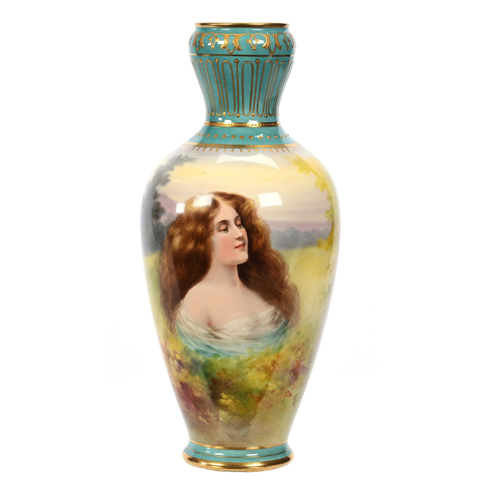 Vase Marked Royal Bonn: Vase Marked Royal Bonn, 12" x 5.25", Portrait Of Young Woman, Lake Scene On Reverse, Turquoise Border With Gold Trim Highlights, Artist Signed, Elfriede & Martin Miller Estate, North Dakota.