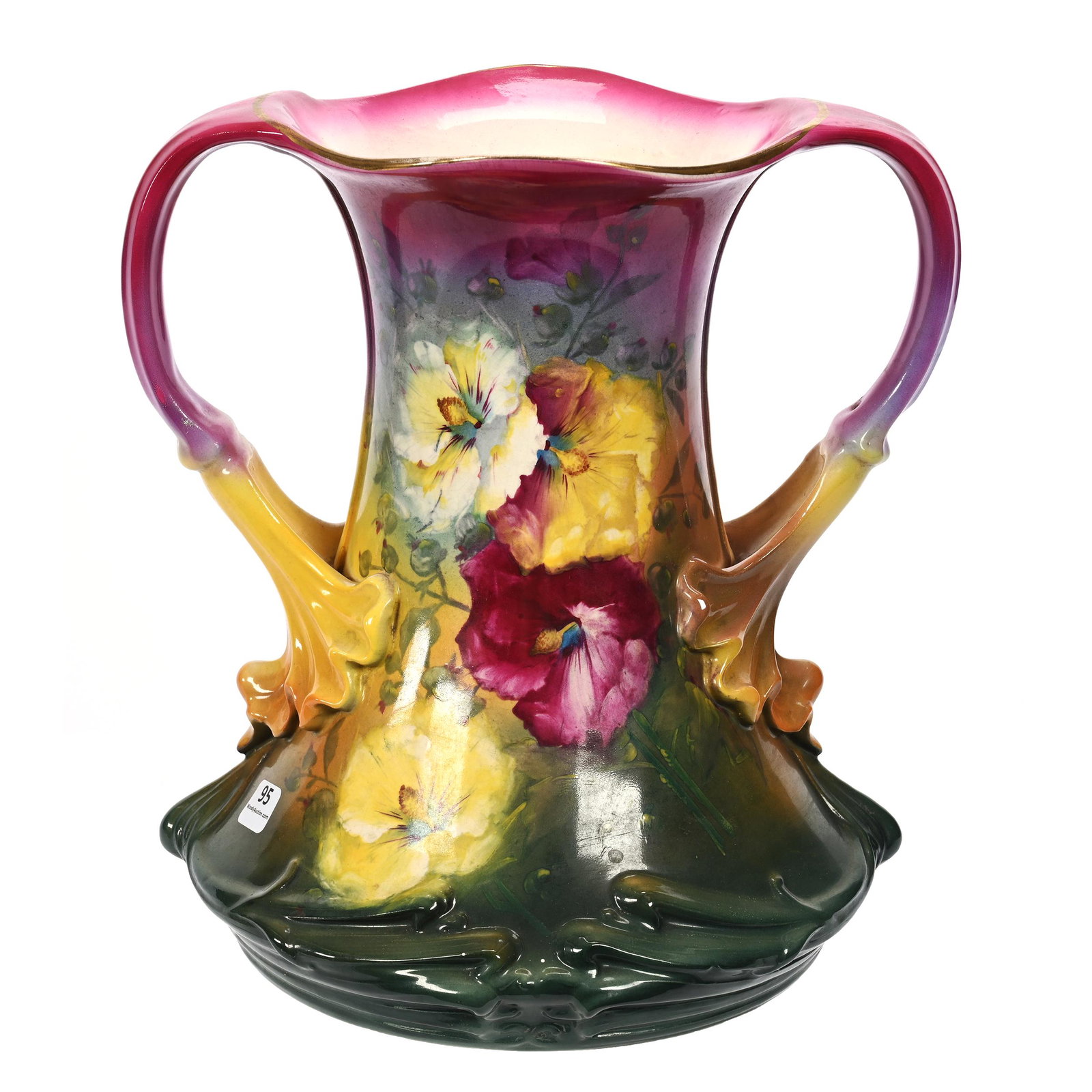 Vase Marked Royal Bonn, Two Handles: Vase Marked Royal Bonn, Two Handles, 11.75" x 11", Red, Yellow And Green Tones, Floral Decor, Elfriede & Martin Miller Estate, North Dakota.