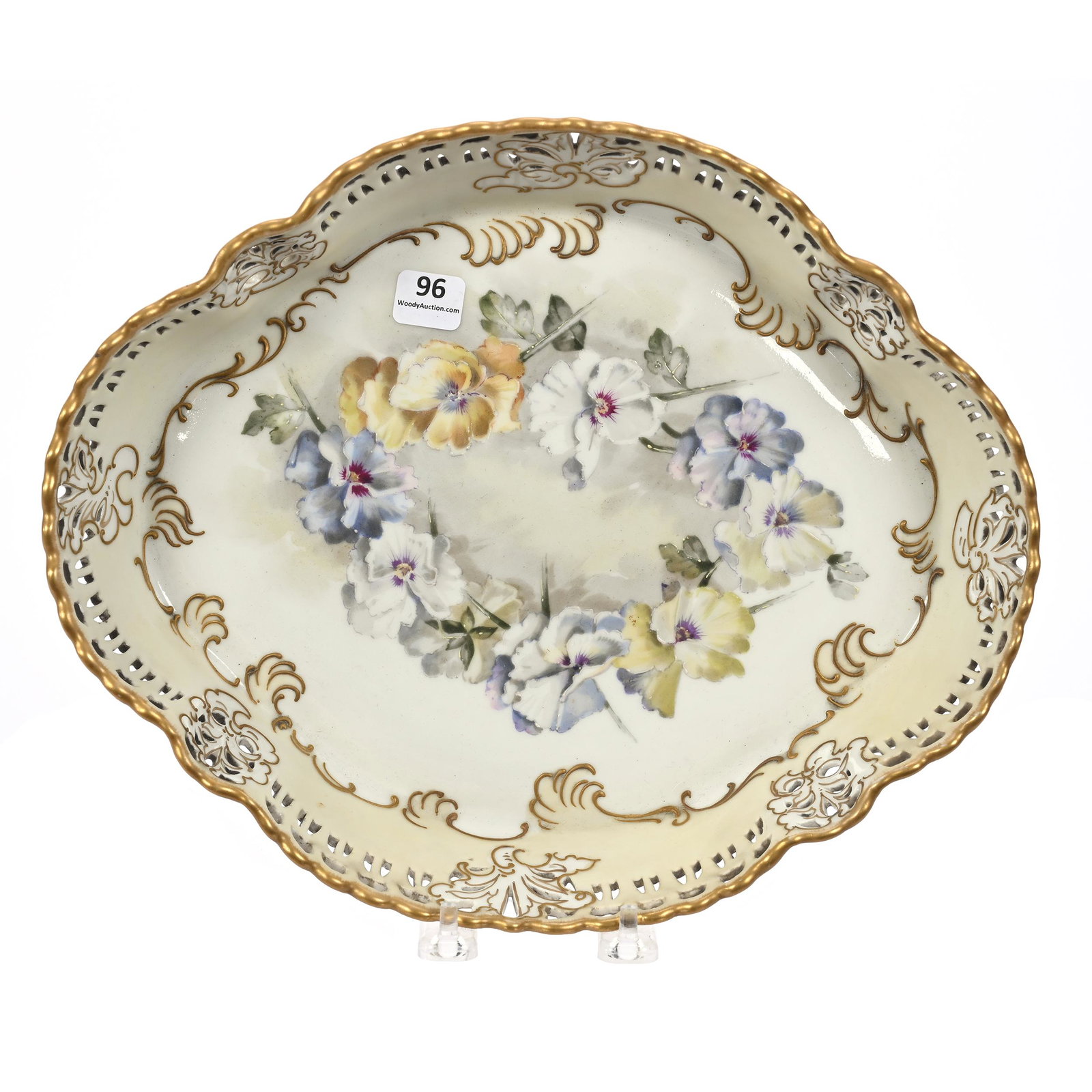 Oval Bowl Marked Pairpoint Limoges: Oval Bowl Marked Pairpoint Limoges, 2.25" x 12.25" x 10", White And Cream Tones, Pansy Decor, Gold Trim Highlights, Reticulated Edge, New Jersey Collection.