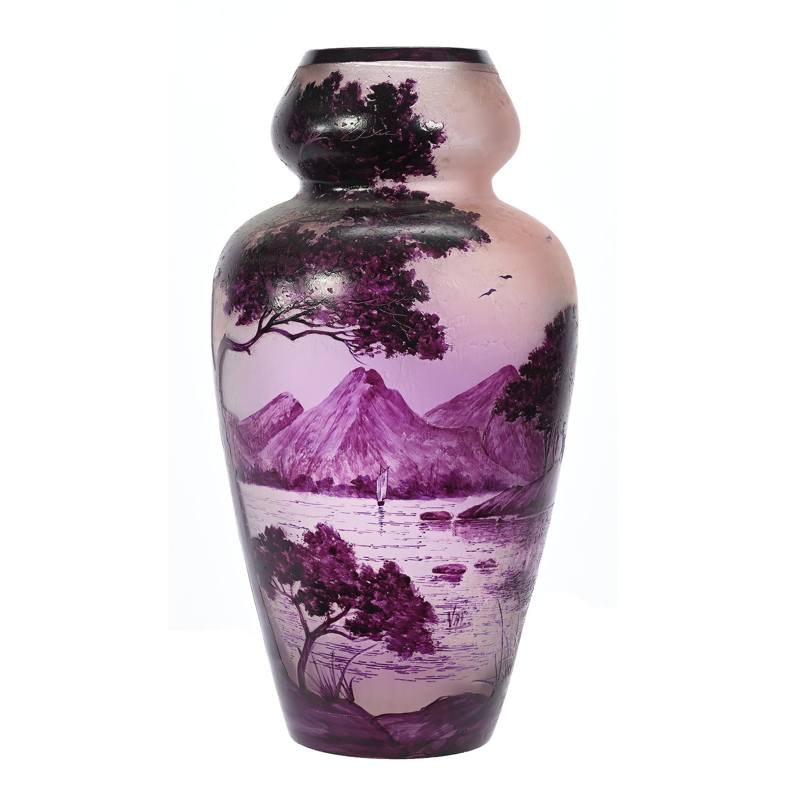 Vase Signed Val, Cameo Art Glass: Vase Signed Val, Cameo Art Glass, 15.75" x 8", Pink Shading To Clear With Dark Amethyst Acid Cut Cameo Overlay, Mountain, Lake And Tree Scenic Decor, Elfriede & Martin Miller Estate, North Dakota.