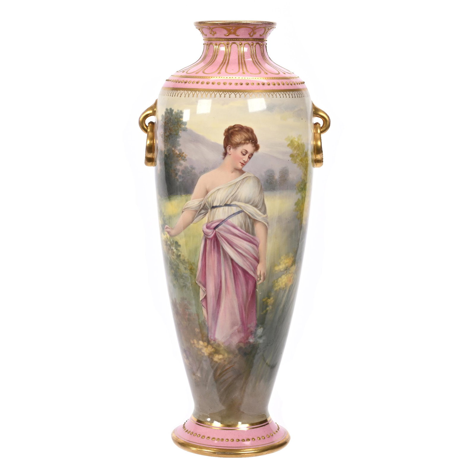 Vase Marked Royal Bonn: Vase Marked Royal Bonn, 14" x 6", Young Woman Standing In Field, Pink Border, Gold Trim Highlights, Artist Signed, Elfriede & Martin Miller Estate, North Dakota.