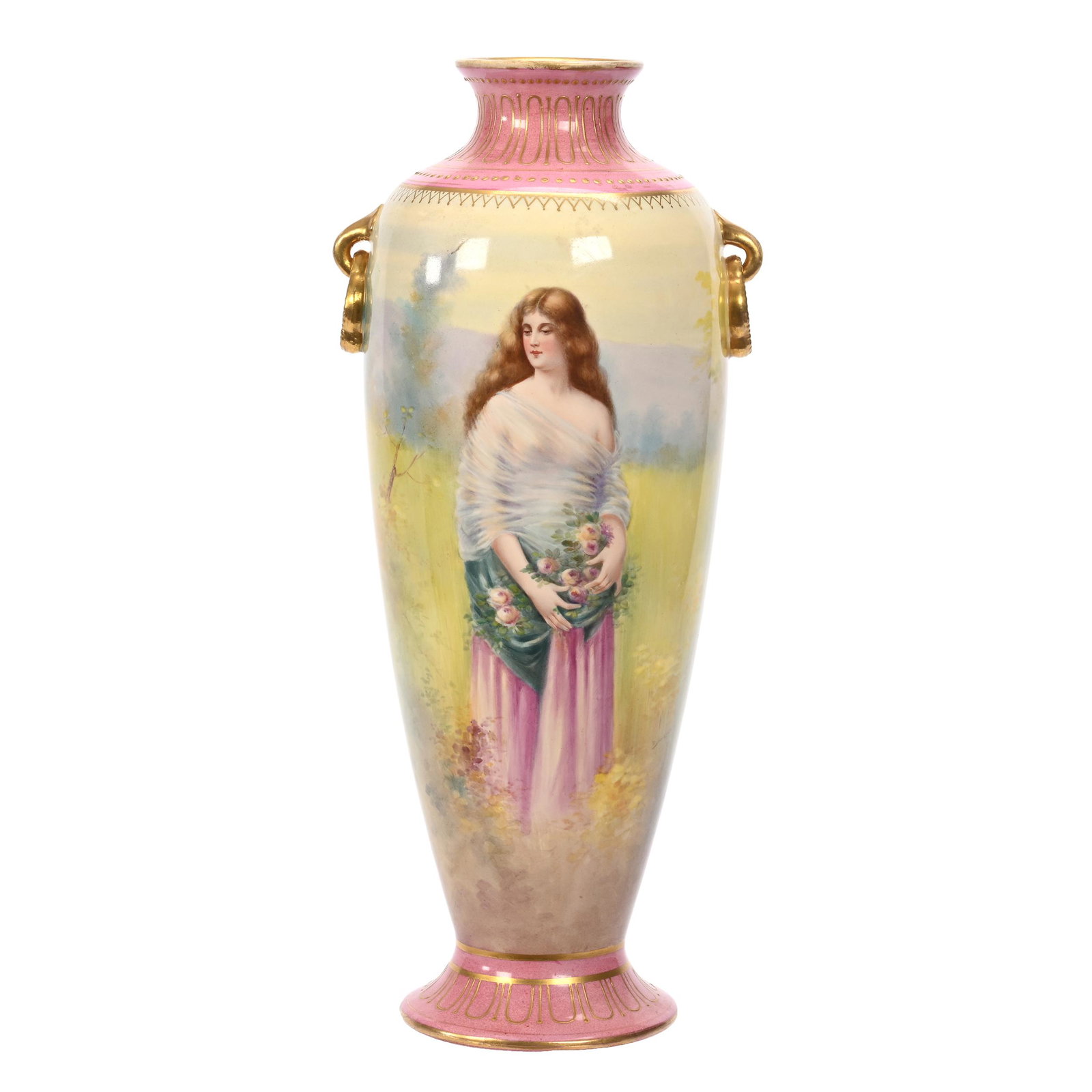 Vase Marked Royal Bonn: Vase Marked Royal Bonn, 14" x 6", Young Woman Standing In Field Holding Flowers, Pink Border, Gold Trim Highlights, Artist Signed, Elfriede & Martin Miller Estate, North Dakota.