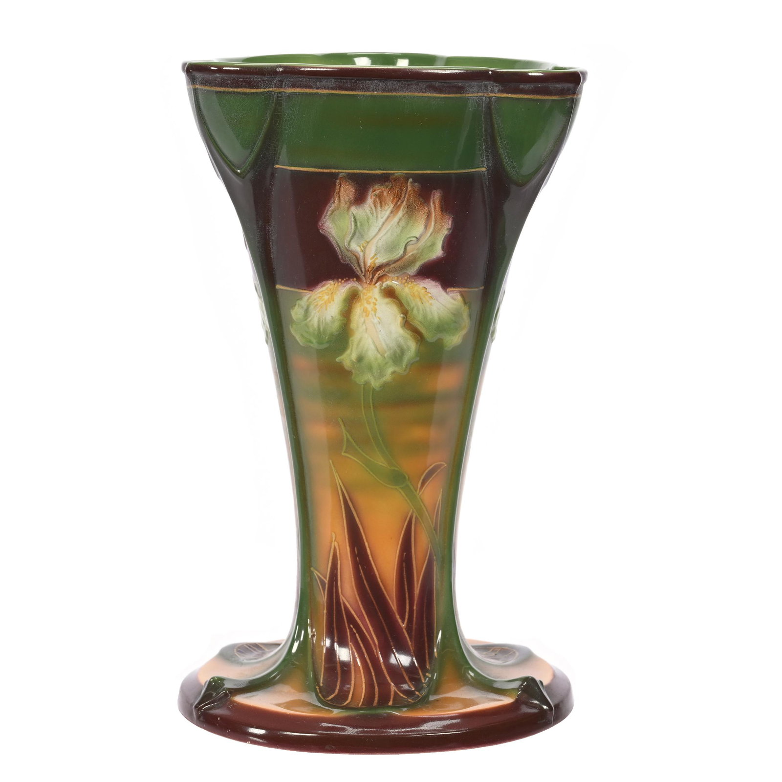 Vase Marked Royal Bonn: Vase Marked Royal Bonn, 10" x 6", Round Base, Tri-Corner Top, Brown And Green Tones, Iris Decor, Elfriede & Martin Miller Estate, North Dakota.