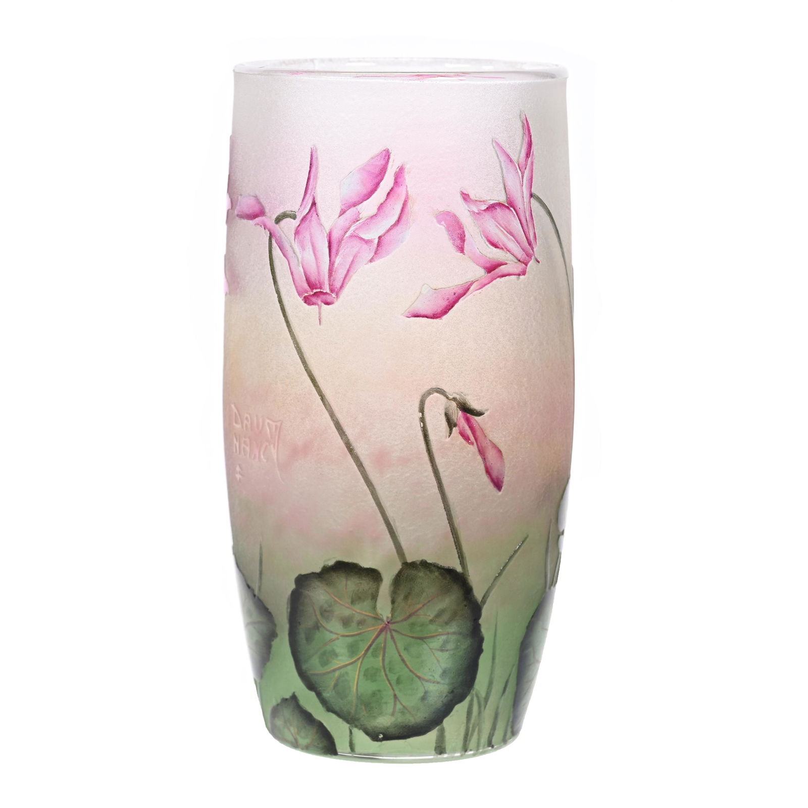 Vase Signed Daum Nancy French Cameo Art Glass: Vase Signed Daum Nancy French Cameo Art Glass, 4.75" x 2.25", Clear Frosted Ground With Cameo Carved Floral And Leaf Design, Enamel Highlights, Elfriede & Martin Miller Estate, North Dakota.