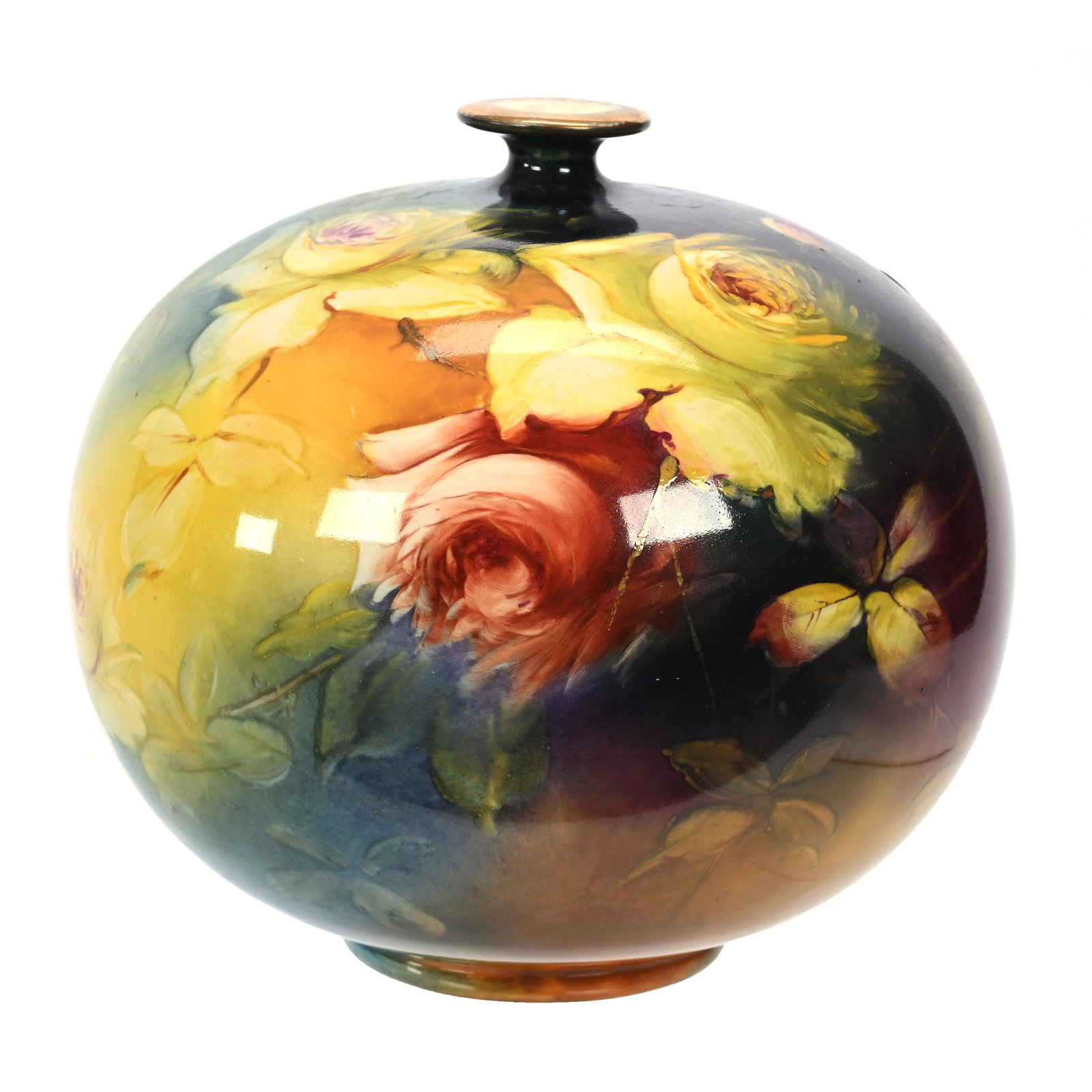 Bulbous Vase Marked Royal Bonn: Bulbous Vase Marked Royal Bonn, 7" x 7.25", Green, Brown, Blue And Yellow Tones, Rose Decor, New Jersey Collection.