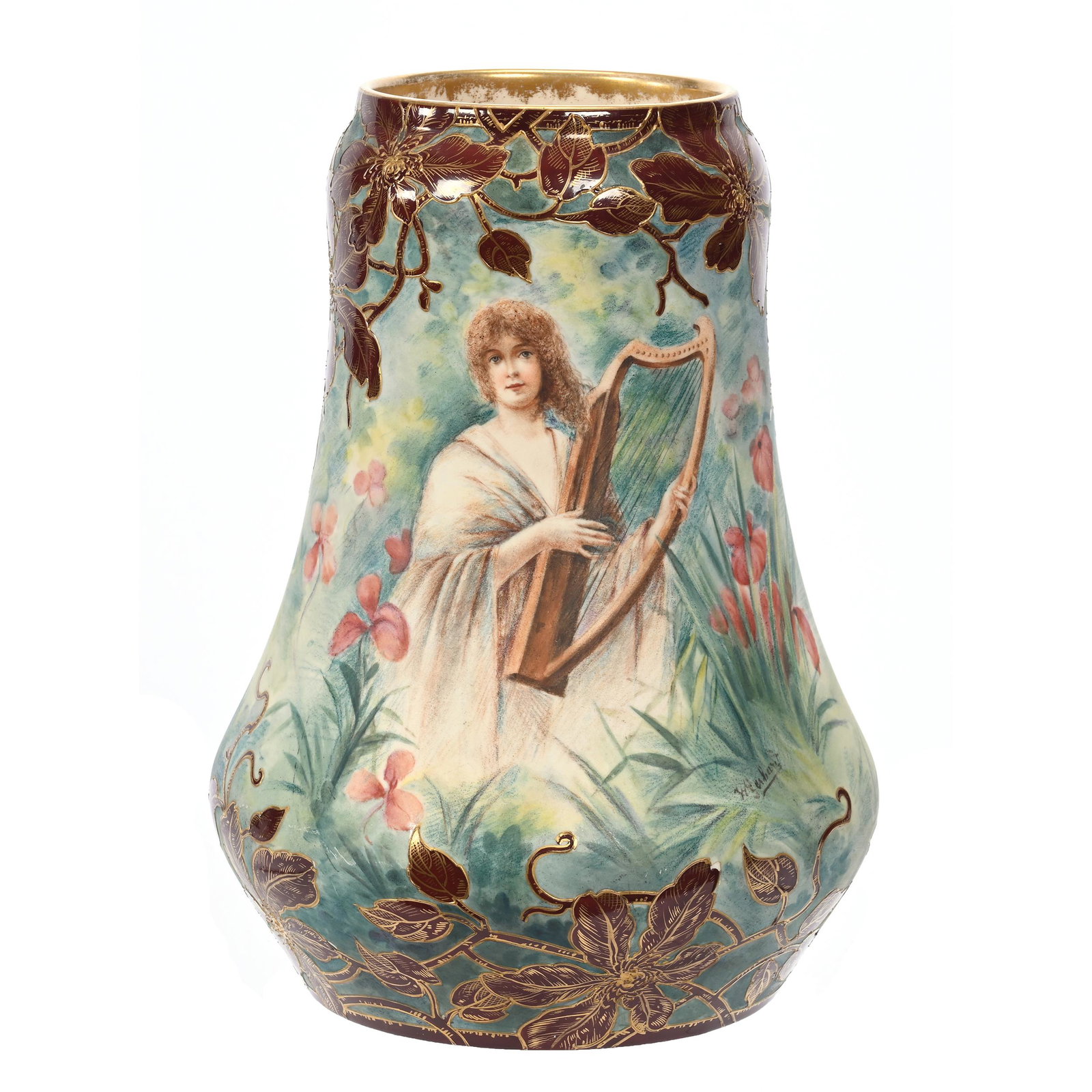 Vase Marked Royal Bonn: Vase Marked Royal Bonn, 10.25" x 7", Beautiful Scene Of Young Woman Playing Harp In Field, Bronze Blossom And Vine Border With Gold Stencil Highlights, Artist Signed, Elfriede & Martin Miller Estate, 