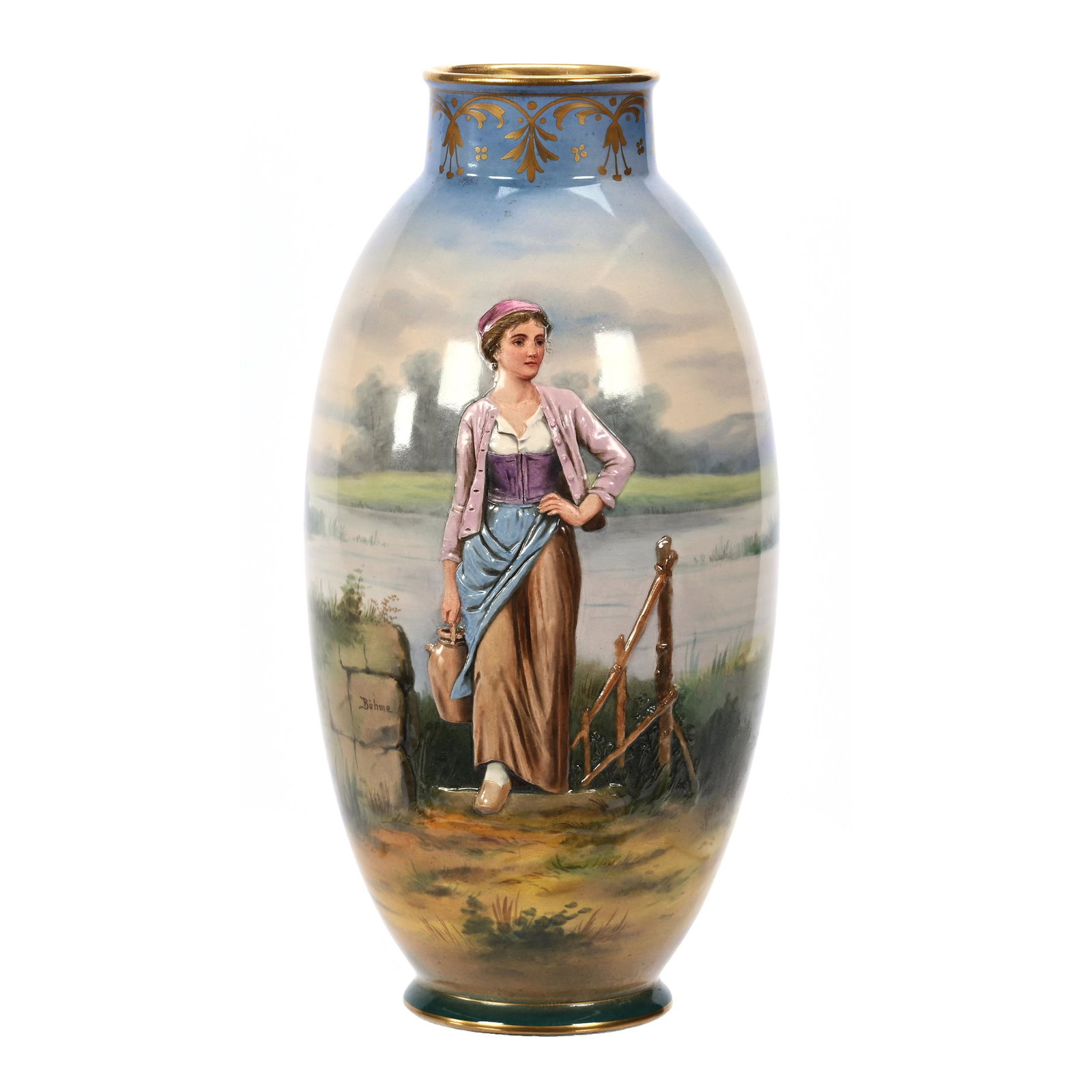 Vase Marked Royal Bonn: Vase Marked Royal Bonn, 12.5" x 6", Rare Embossed Scene Of Woman Retrieving Water, Artist Signed Bohme, Nice Quality, Elfriede & Martin Miller Estate, North Dakota.