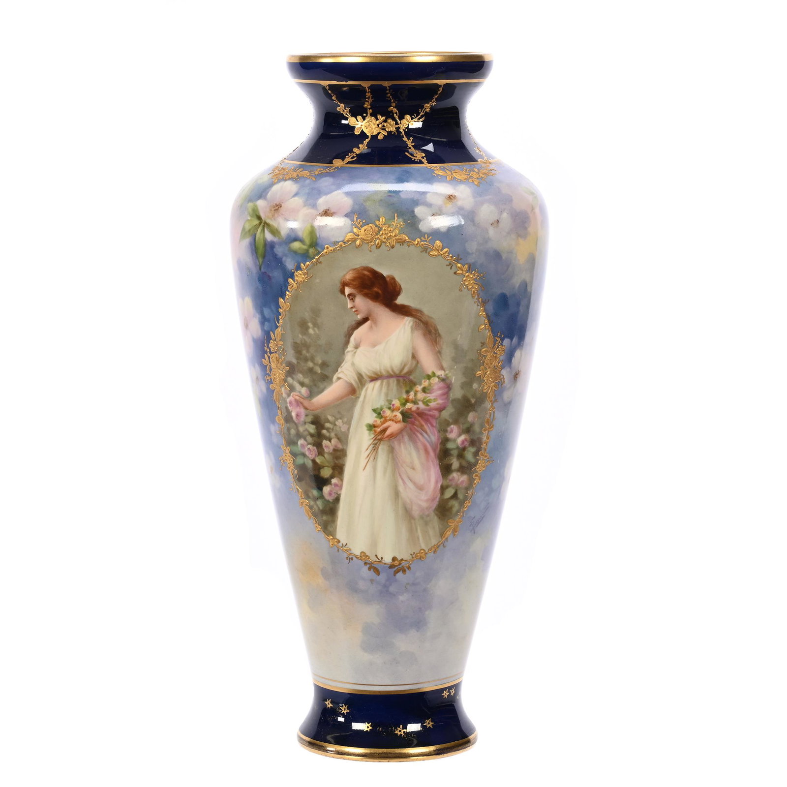 Vase Marked Royal Bonn: Vase Marked Royal Bonn, 14" x 6.25", Blue And Yellow Tones, Medallion Scene Of Woman Picking Flowers, Cobalt Blue Border, Gold Highlights, Elfriede & Martin Miller Estate, North Dakota.