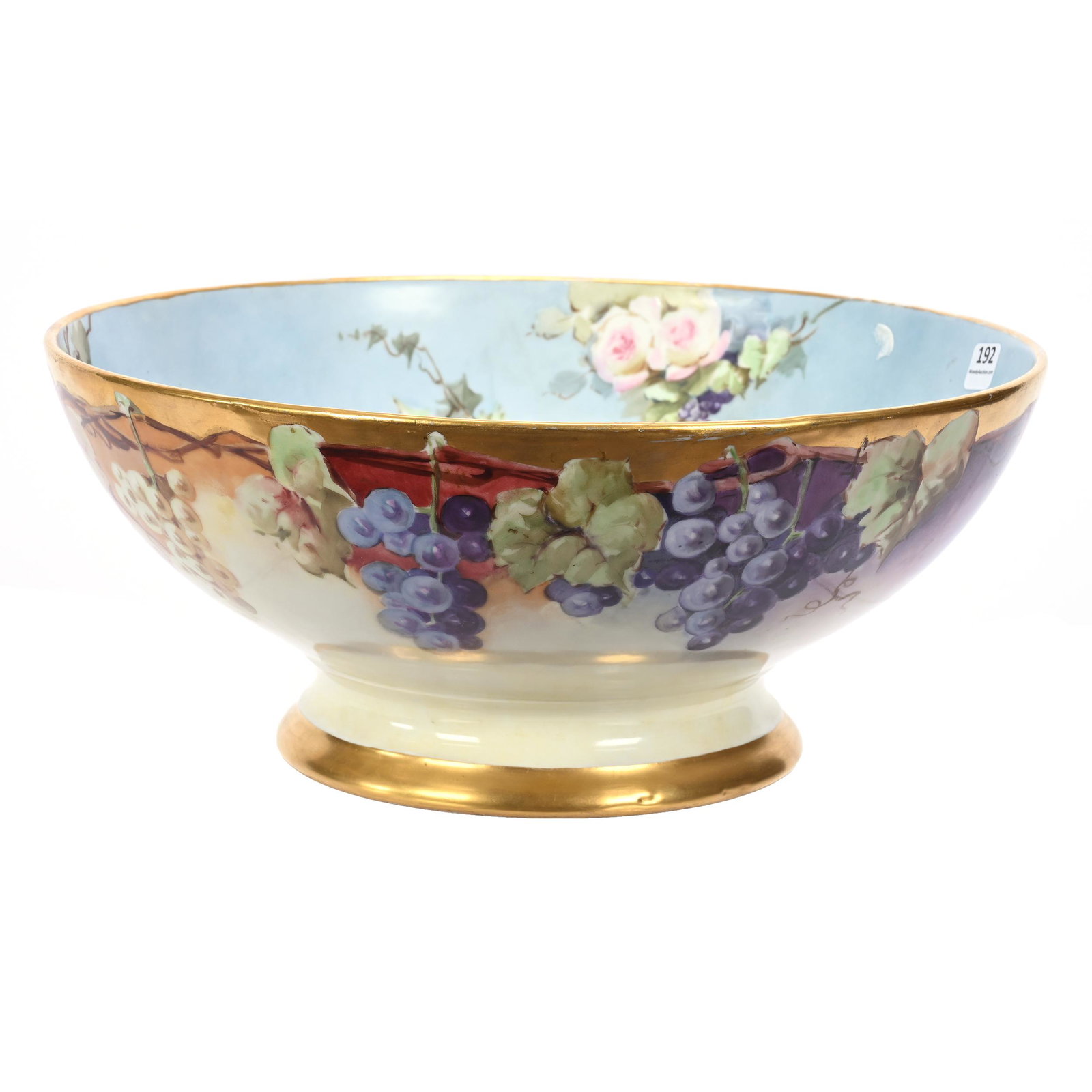 Pedestal Punch Bowl Marked T&V Limoges: Pedestal Punch Bowl Marked T&V Limoges, 5.75" x 13.75", Rust, Cream And Lavender Exterior With Vintage Decor, Blue Interior With Cherubs And Vintage Decor, Gold Trim, One Area With Some Gold Wear, New