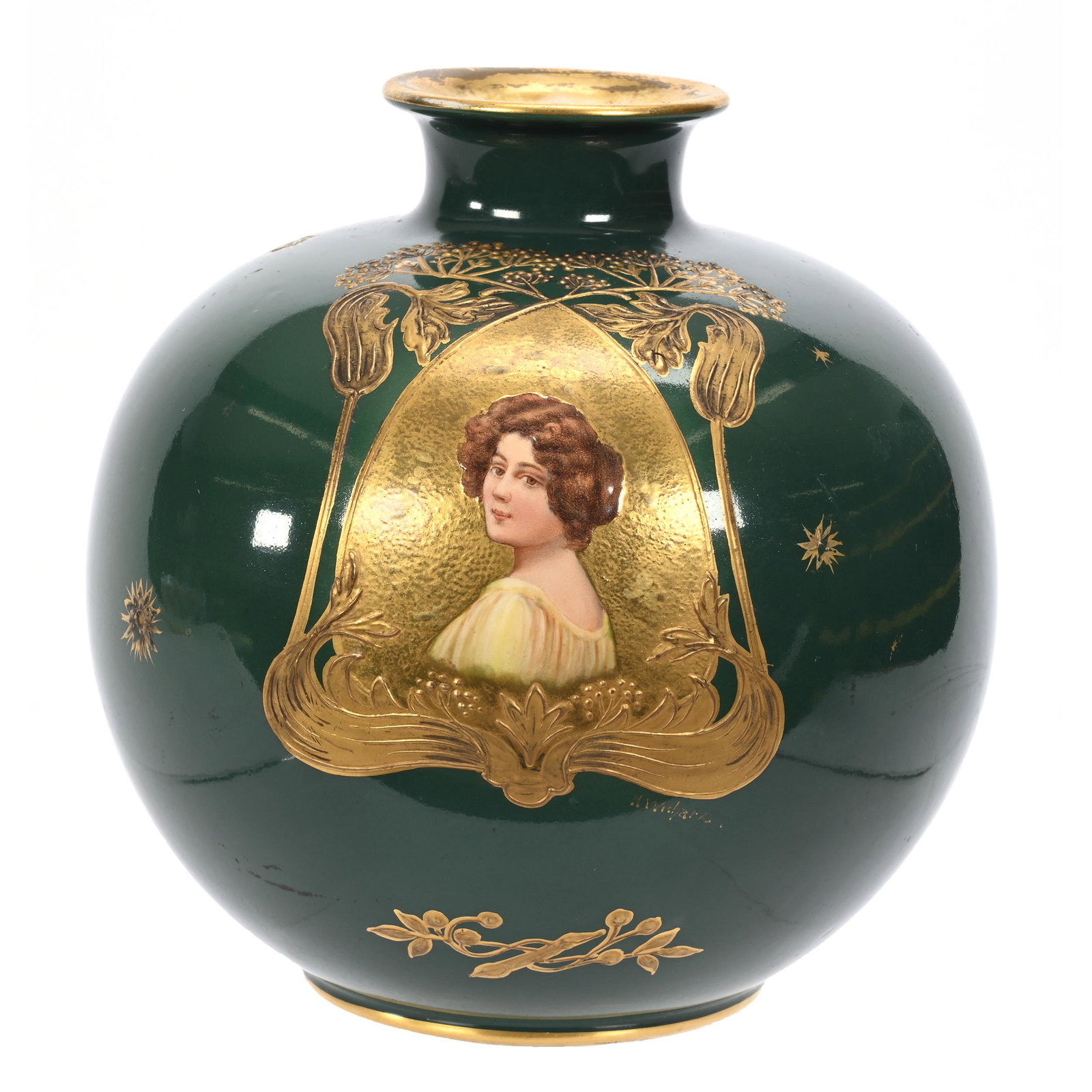 Bulbous Vase Marked Royal Bonn: Bulbous Vase Marked Royal Bonn, 7" x 6.5", Dark Green With Art Nouveau Portrait Of Young Woman, Gold Enamel Highlights, Artist Signed, Elfriede & Martin Miller Estate, North Dakota.