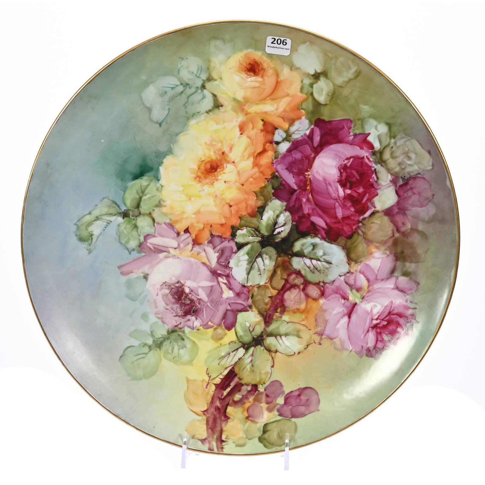 Charger Marked D&C Limoges: Charger Marked D&C Limoges, 15.75", Blue, Yellow And Green Tones, Rose Decor, Artist Signed, New Jersey Collection.