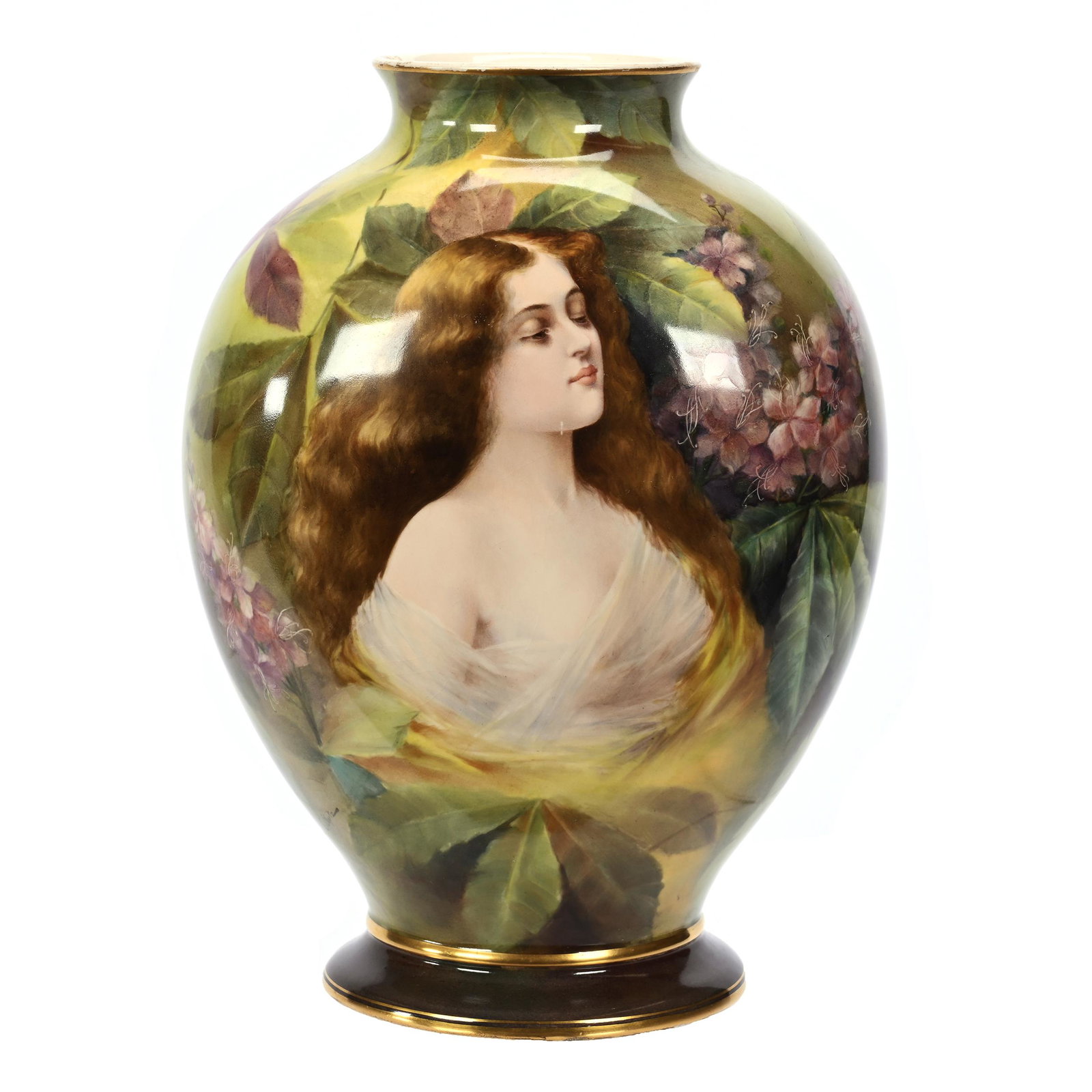 Vase Marked Royal Bonn: Vase Marked Royal Bonn, 13" x 9.5", Green Tones, Portrait Of Young Woman Among Flowers And Leaves, Artist Signed, Elfriede & Martin Miller Estate, North Dakota.