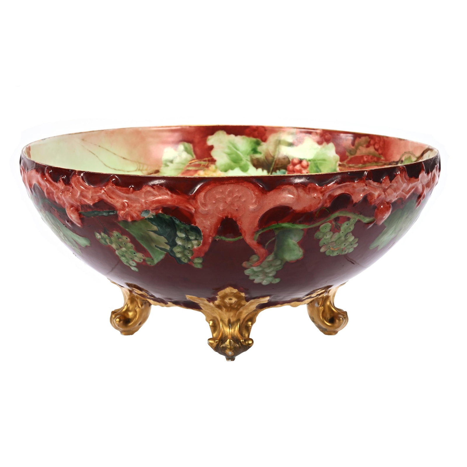 Footed Punch Bowl Marked T&V Limoges: Footed Punch Bowl Marked T&V Limoges, 6.5" x 14.25", Burgundy Background, Green Vintage Decor, Interior With Currant Decor, Two Tone Pinkish Border, Gold Trim Highlights, New Jersey Collection.