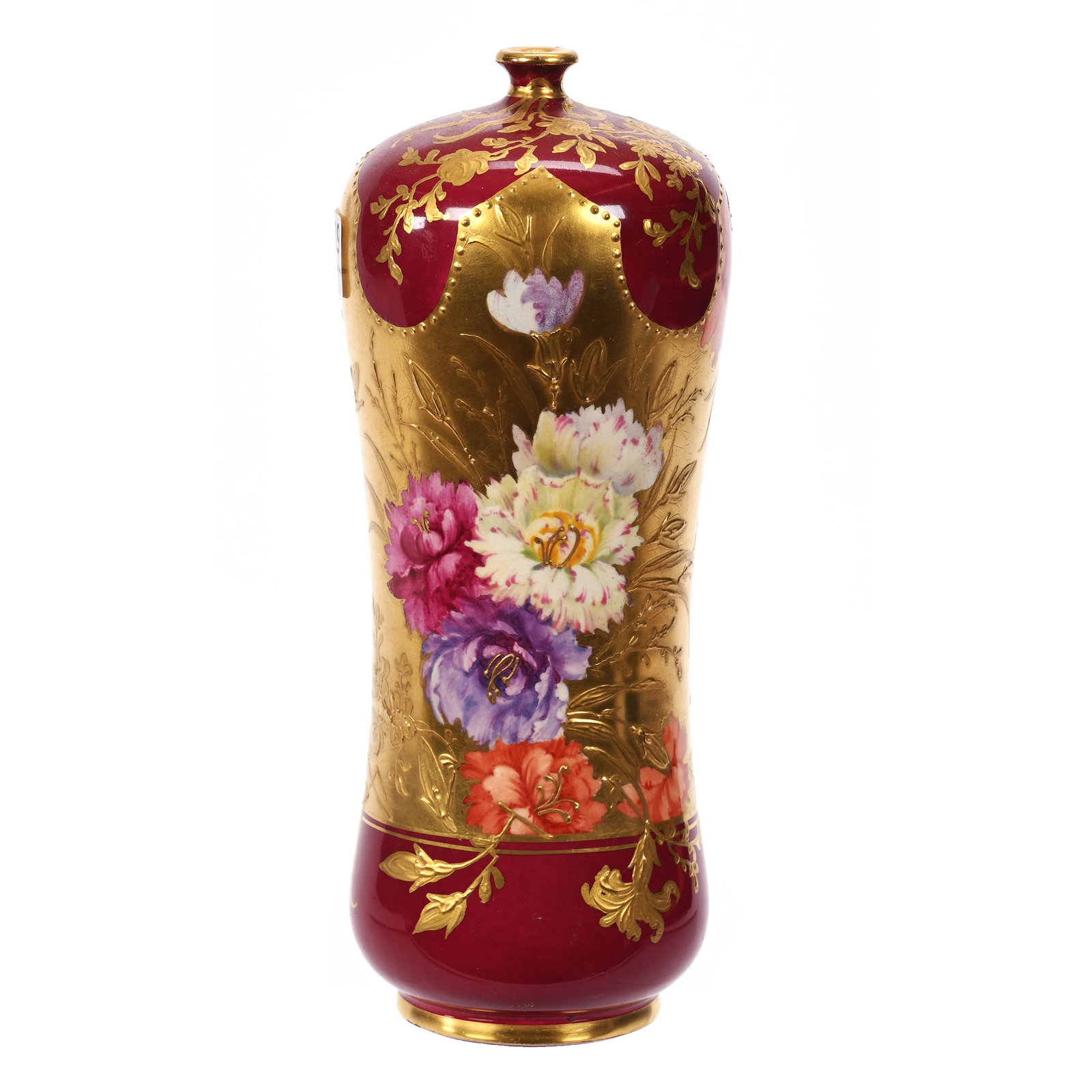 Vase Marked Royal Bonn: Vase Marked Royal Bonn, 8.25" x 3.25", Solid Gold Ground, Red Border, Colorful Floral Highlights, Elfriede & Martin Miller Estate, North Dakota.