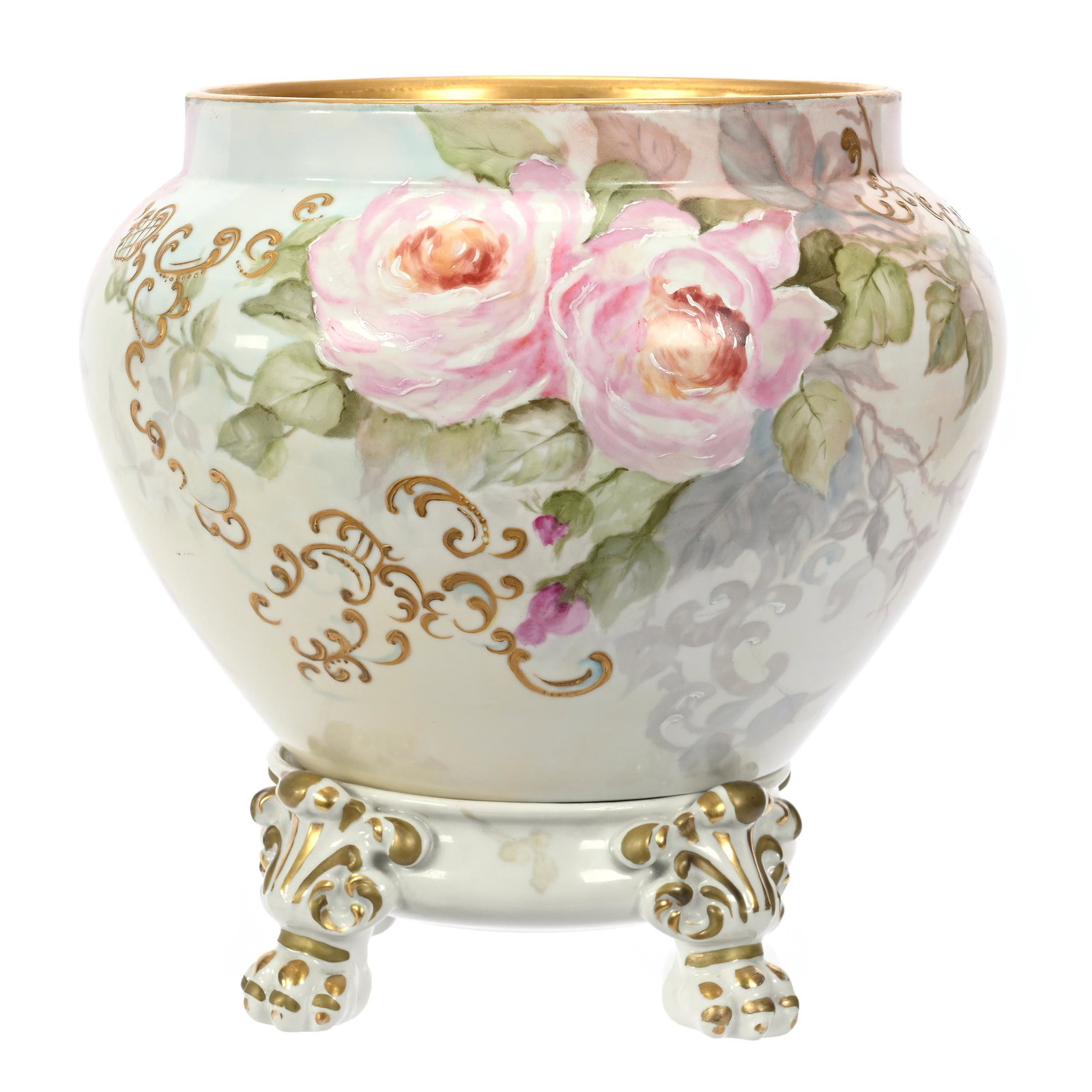 Jardiniere & Pedestal Marked Limoges: Jardiniere & Pedestal Marked Limoges, 11.25" x 11", Pastel Blue, Yellow And Pink Tones, Rose Decor, Heavy Gold Trim, New Jersey Collection.