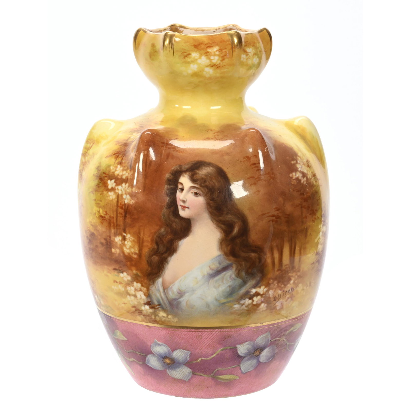 Vase Marked Royal Bonn: Vase Marked Royal Bonn, 10" x 6.75", Yellow, Pink And Brown Tones, Portrait Of Young Woman, Pink Border, Violet Decor, Gold Stencil Highlights, Artist Signed Duren, Elfriede & Martin Miller Estate, No