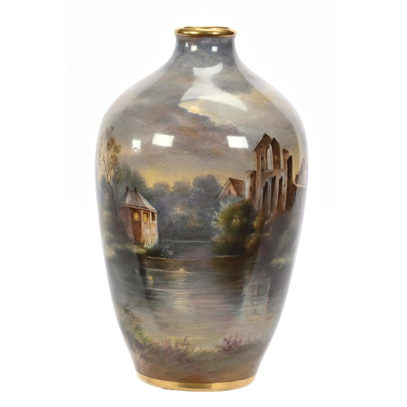 Vase Marked Royal Bonn: Vase Marked Royal Bonn, 9.5" x 5.5", Field, Lake And Castle Ruins Scenic Decor, Artist Signed Heisterkamp, Elfriede & Martin Miller Estate, North Dakota.
