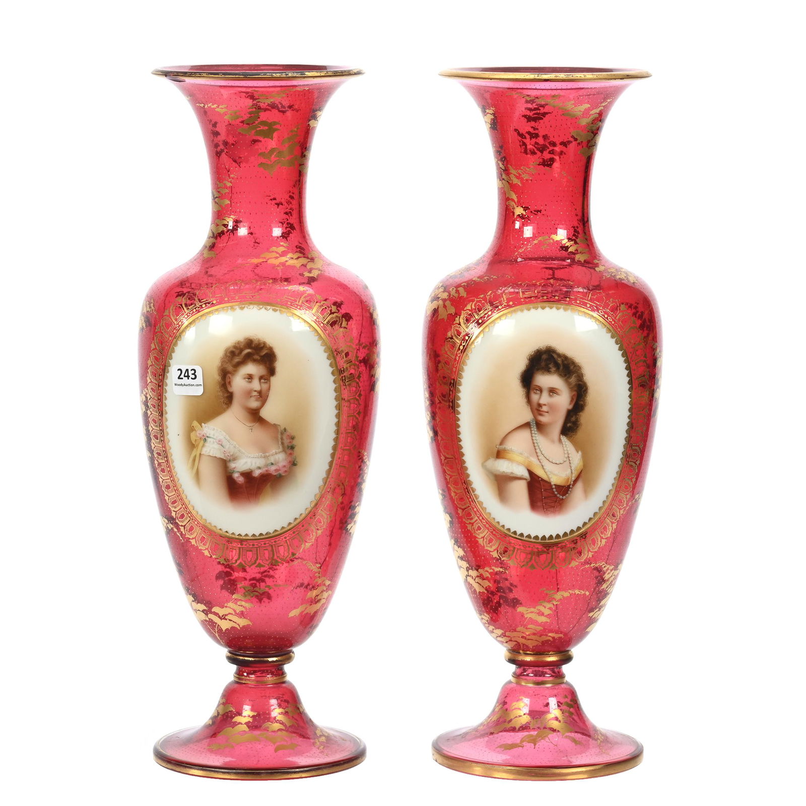 Pair Pedestal Vases, Cranberry Bohemian Art Glass (1 of 6)