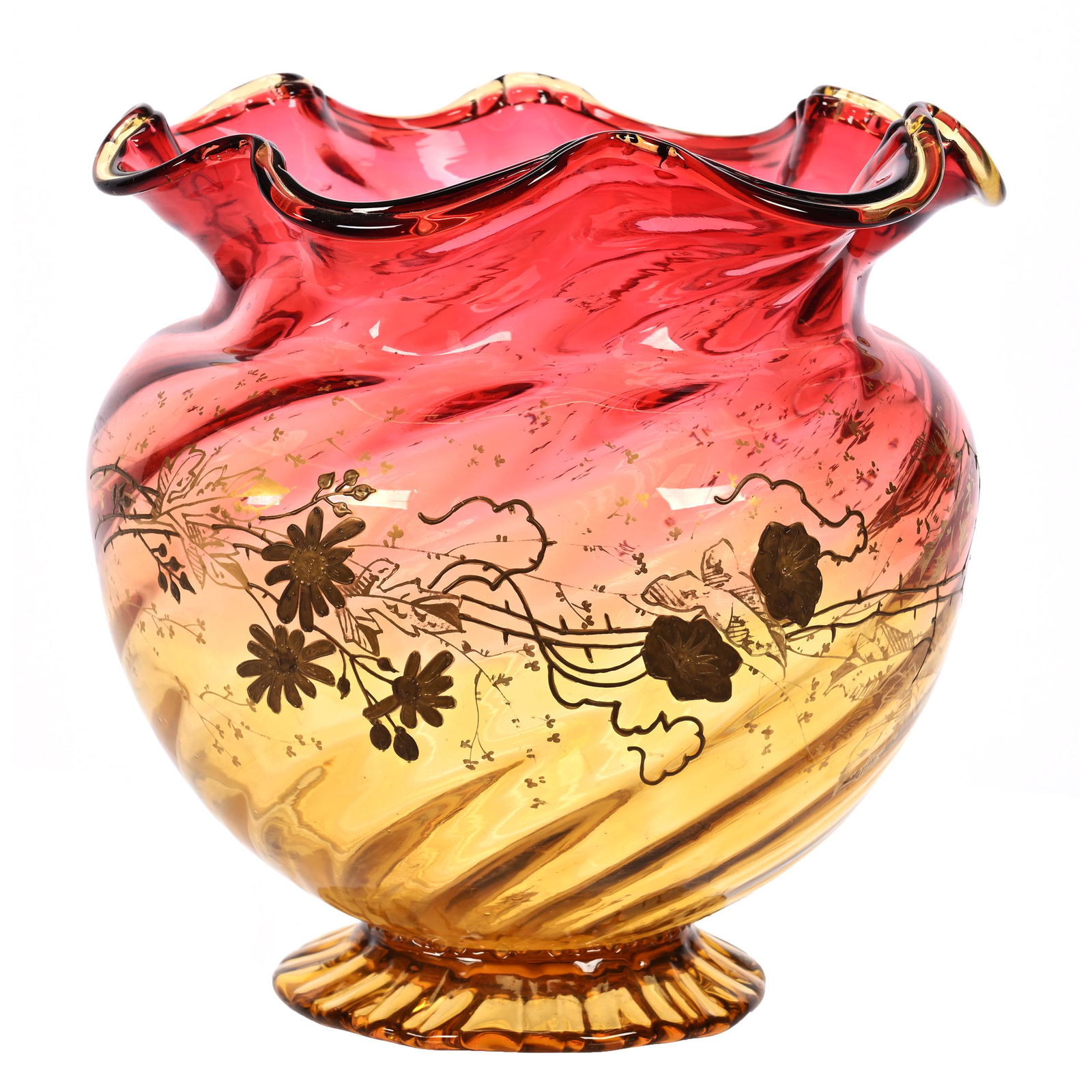 Pedestal Vase, Amberina Optic Swirl Art Glass (1 of 3)