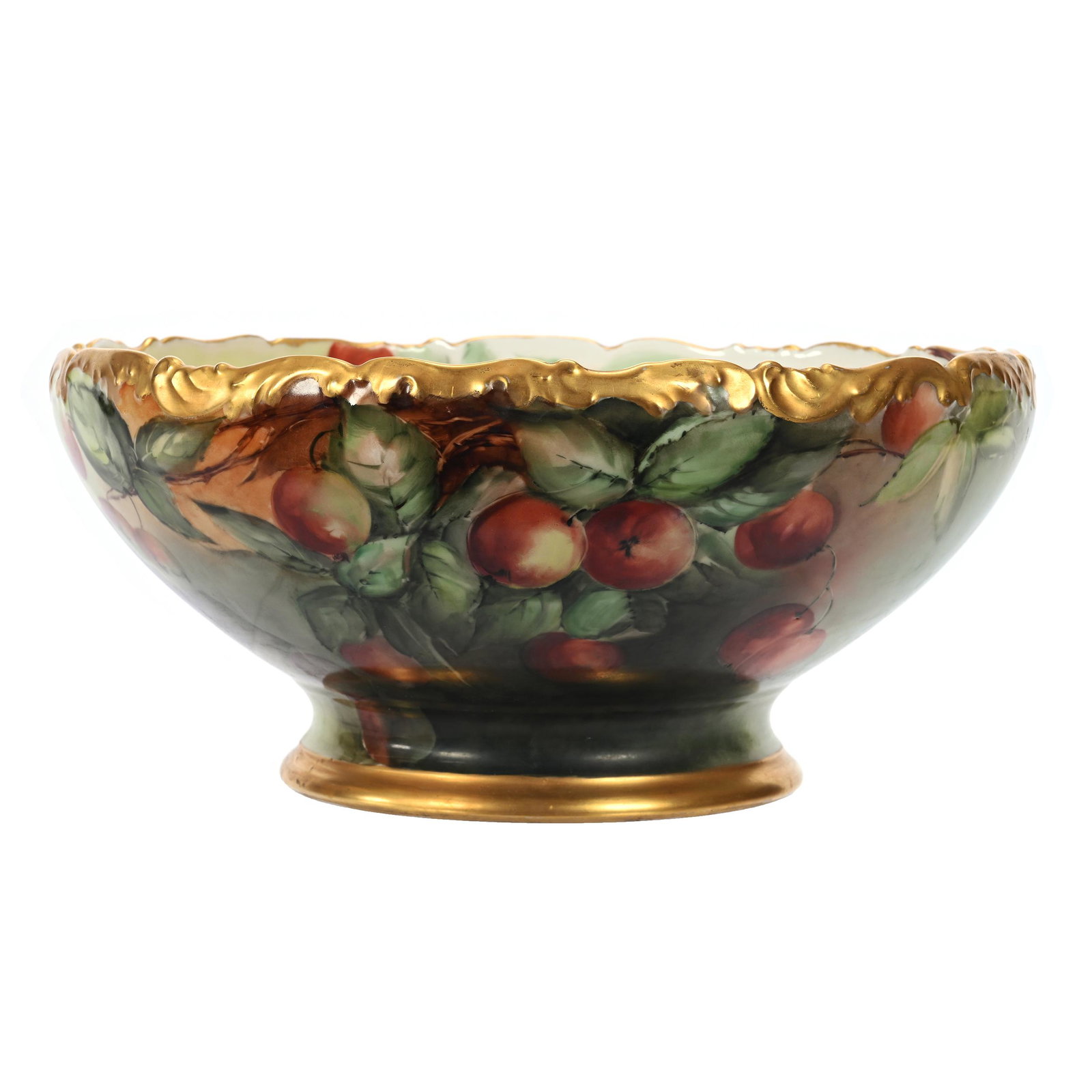 Pedestal Punch Bowl Marked T&V Limoges: Pedestal Punch Bowl Marked T&V Limoges, 6.5" x 14", Green, Rust, Yellow And Lavender Tones, Fruit Decor, Gold Trim Highlights, New Jersey Collection.