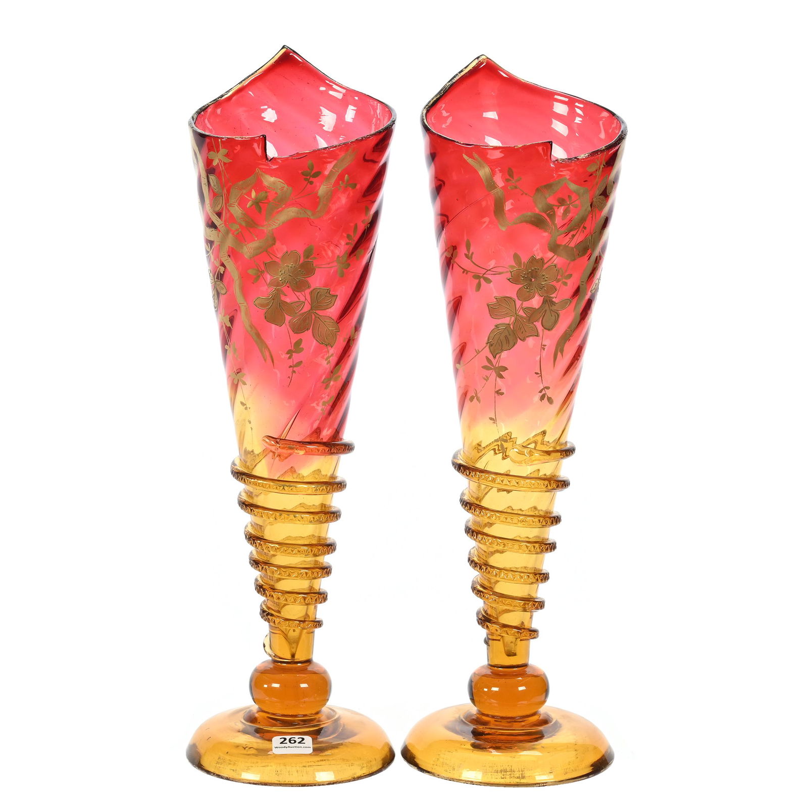 Pair Vases, Amberina Optic Swirl Art Glass (1 of 3)