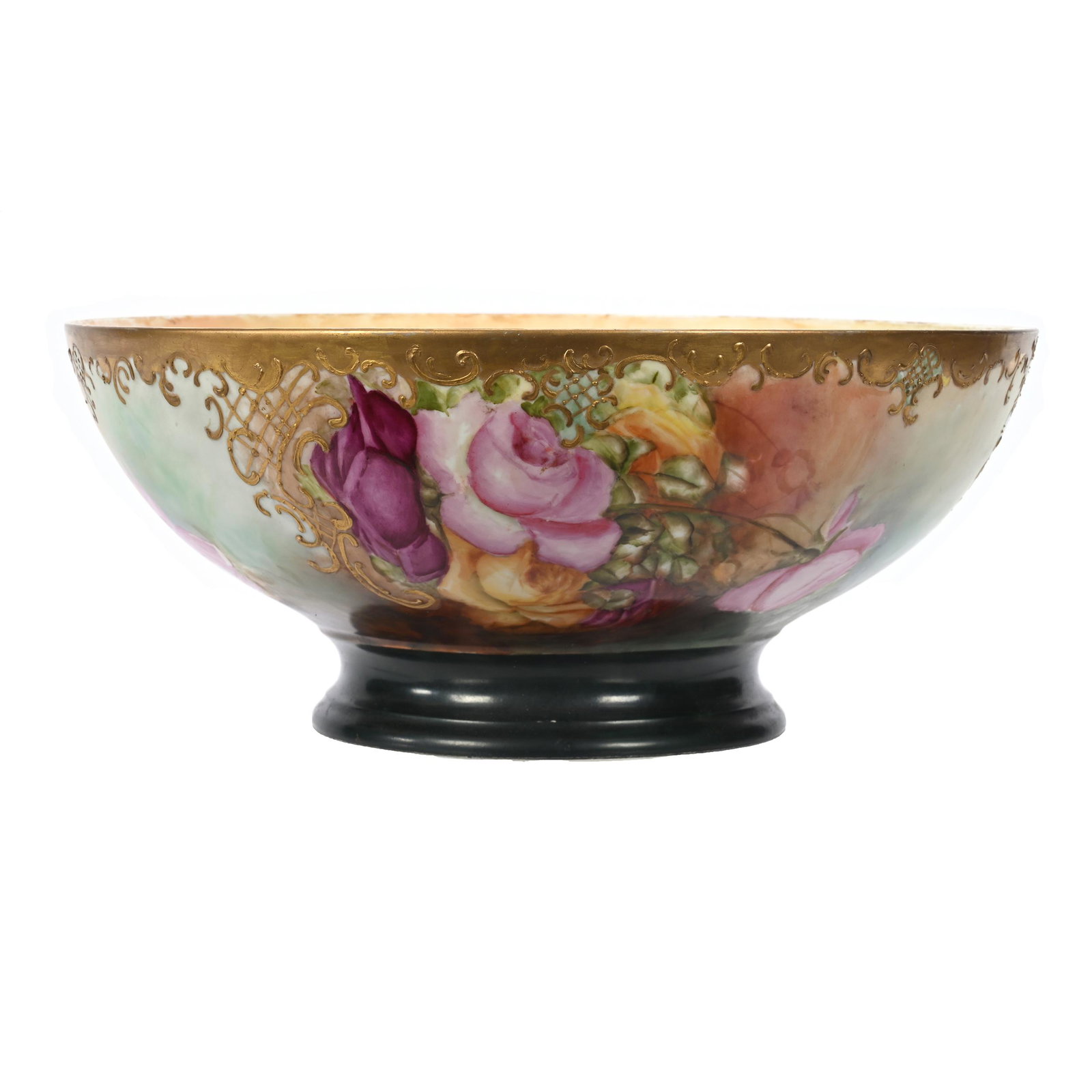 Pedestal Punch Bowl Marked Limoges: Pedestal Punch Bowl Marked Limoges, 6.5" x 15.25", Blue, Brown, Yellow, Green Tones, Pink And Yellow Roses, Heavy Gold Trim, Artist Signed, Dated 1905, New Jersey Collection.