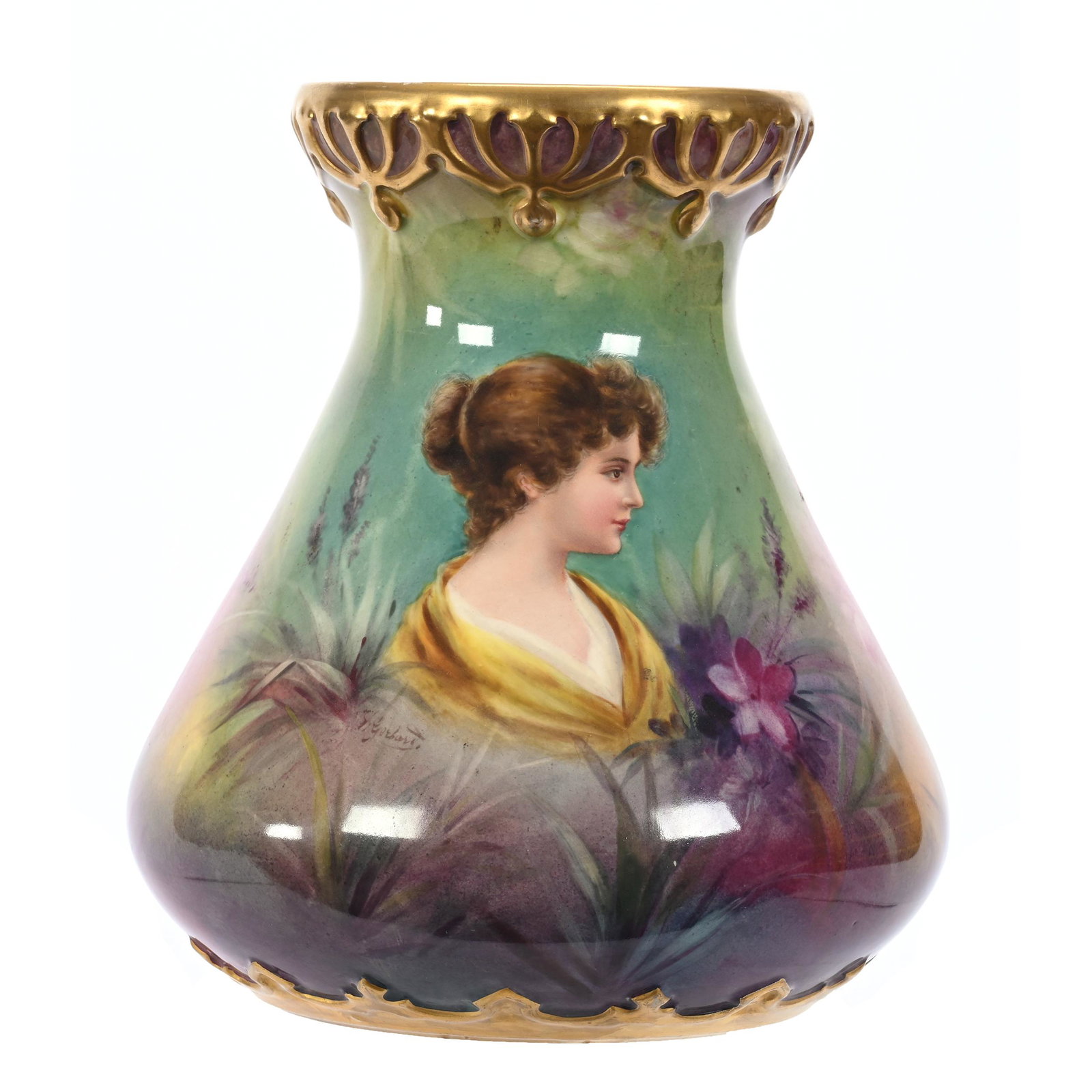 Vase Marked Royal Bonn: Vase Marked Royal Bonn, 8.75" x 7.5", Green, Pink, Yellow Tones, Portrait Of Young Girl Among Flowers, Embossed Gold Trim, Artist Signed, Elfriede & Martin Miller Estate, North Dakota.