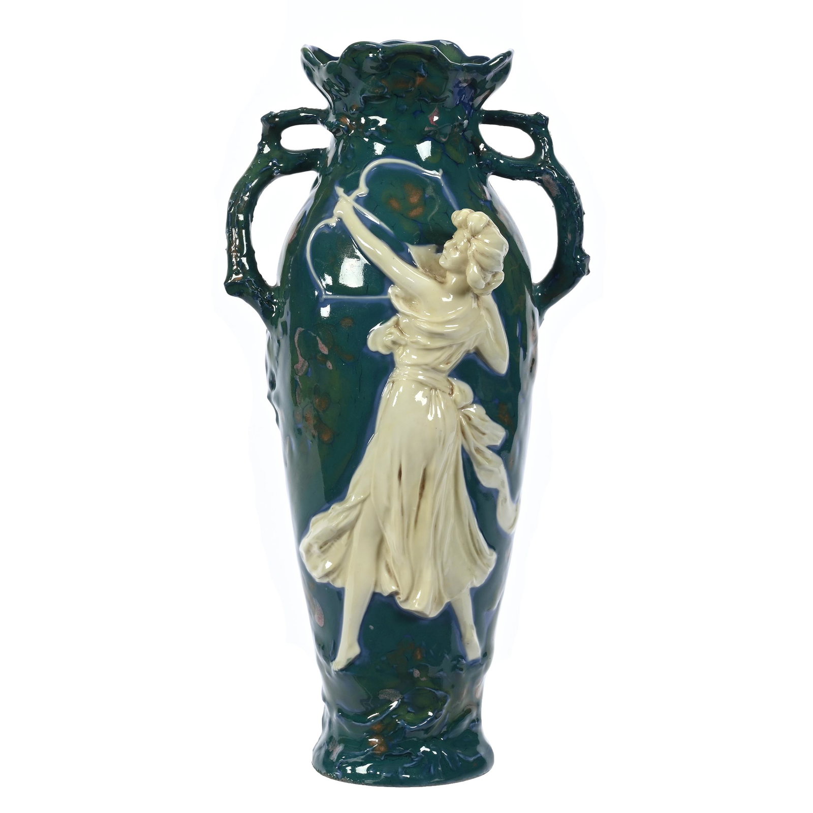 Vase Marked Royal Dux #515, Two Handles: Vase Marked Royal Dux #515, Two Handles, 13.75" x 6.75", Green Mottled Ground With White Embossed Relief Of Woman Shooting Arrow, Elfriede & Martin Miller Estate, North Dakota.