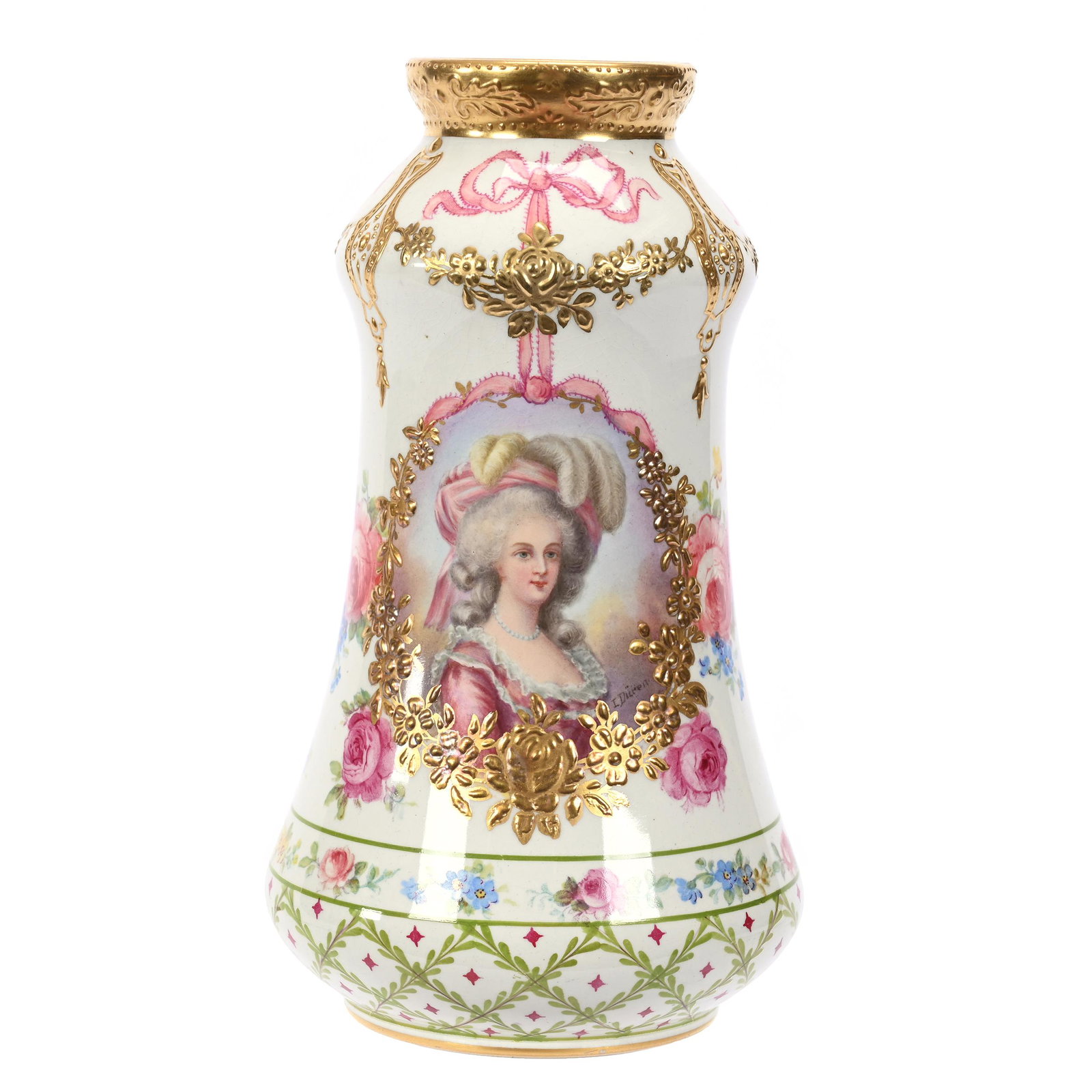 Vase, Unmarked Royal Bonn: Vase, Unmarked Royal Bonn, 8" x 4.5", White With Portrait Of Woman In Elaborate Plumed Hat, Colorful Floral Garland With Gold Enamel Highlights, Artist Signed Duren, Elfriede & Martin Miller Estate, N