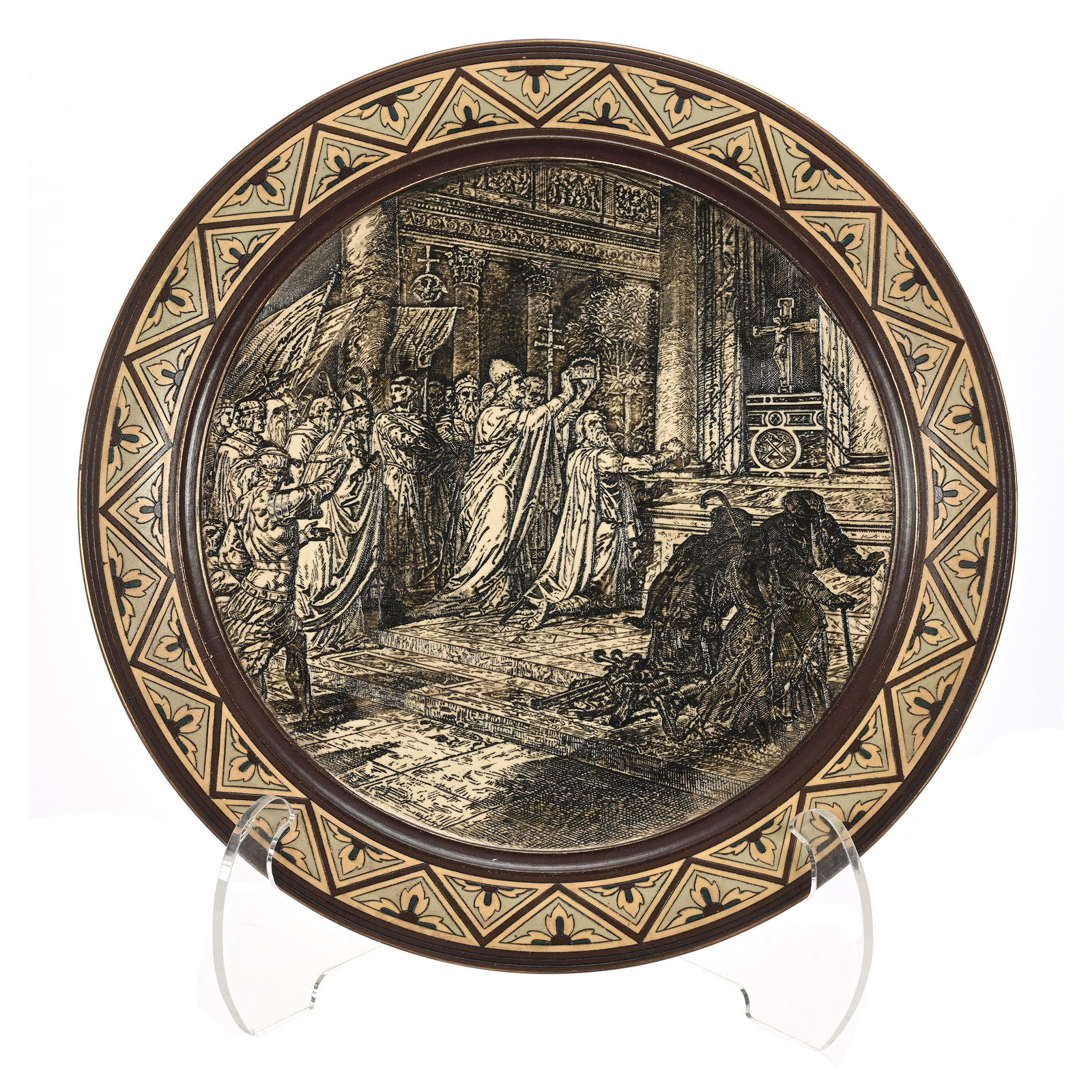 Plaque Marked Mettlach #10485: Plaque Marked Mettlach #10485, 16", Etched Monochrome Scenic Decor Of King Being Crowned At Altar, Brown, Cream Border Design, Elfriede & Martin Miller Estate, North Dakota.