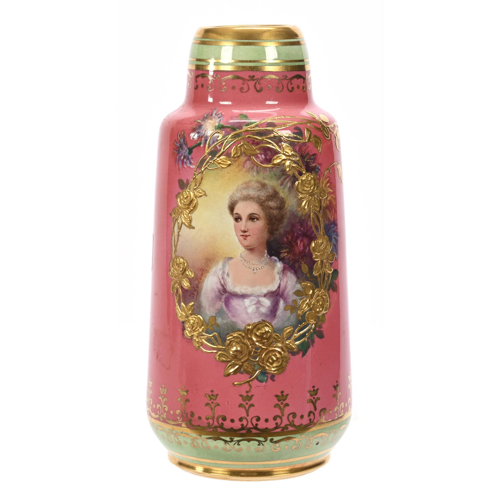 Vase, Unmarked Royal Bonn: Vase, Unmarked Royal Bonn, 8" x 3.75", Pink Ground, Green Border, Medallion Portrait Of Young Woman, Nice Gold Trim Highlights, Artist Signed, Elfriede & Martin Miller Estate, North Dakota.