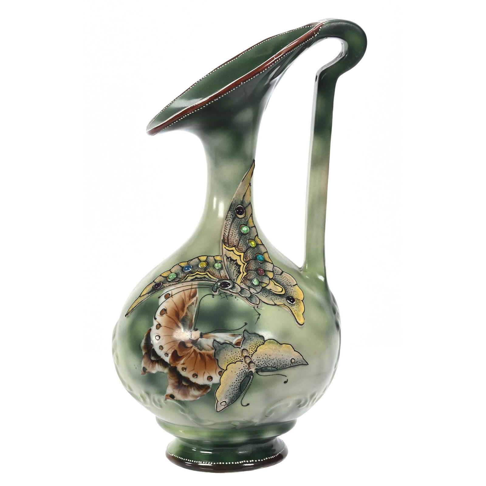 Ewer Marked Nippon: Ewer Marked Nippon, 9.75" x 5", Green With Butterfly Decor, Applied Jewel Highlights, Elfriede & Martin Miller Estate, North Dakota.