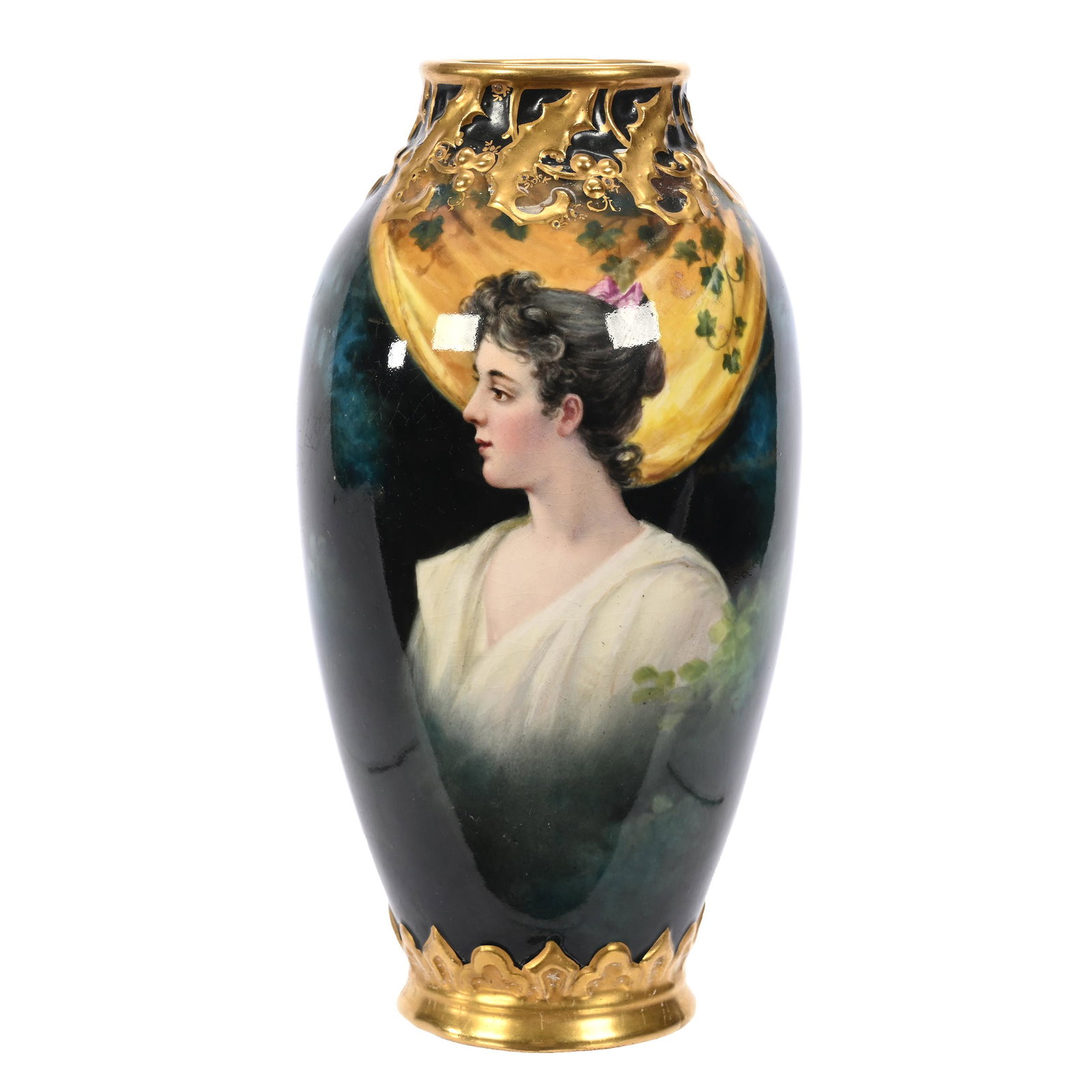 Vase Marked Royal Bonn: Vase Marked Royal Bonn, 8.5" x 4.25", Dark Blue And Green Ground, Young Woman With Yellow Ribbon, Embossed Gold Border, Artist Signed, Elfriede & Martin Miller Estate, North Dakota.