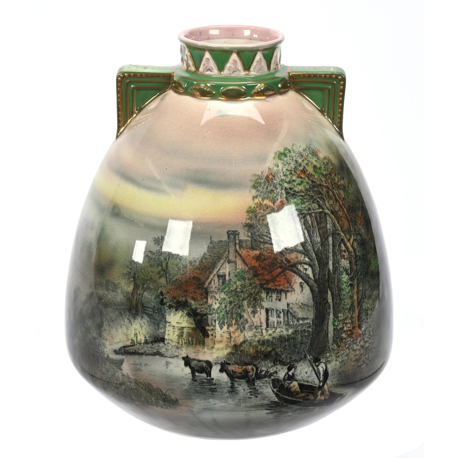 Vase Marked Royal Bonn, Two Handles: Vase Marked Royal Bonn, Two Handles, 8.75" x 7.5", Cottage And Cattle Scenic Decor, Elfriede & Martin Miller Estate, North Dakota.