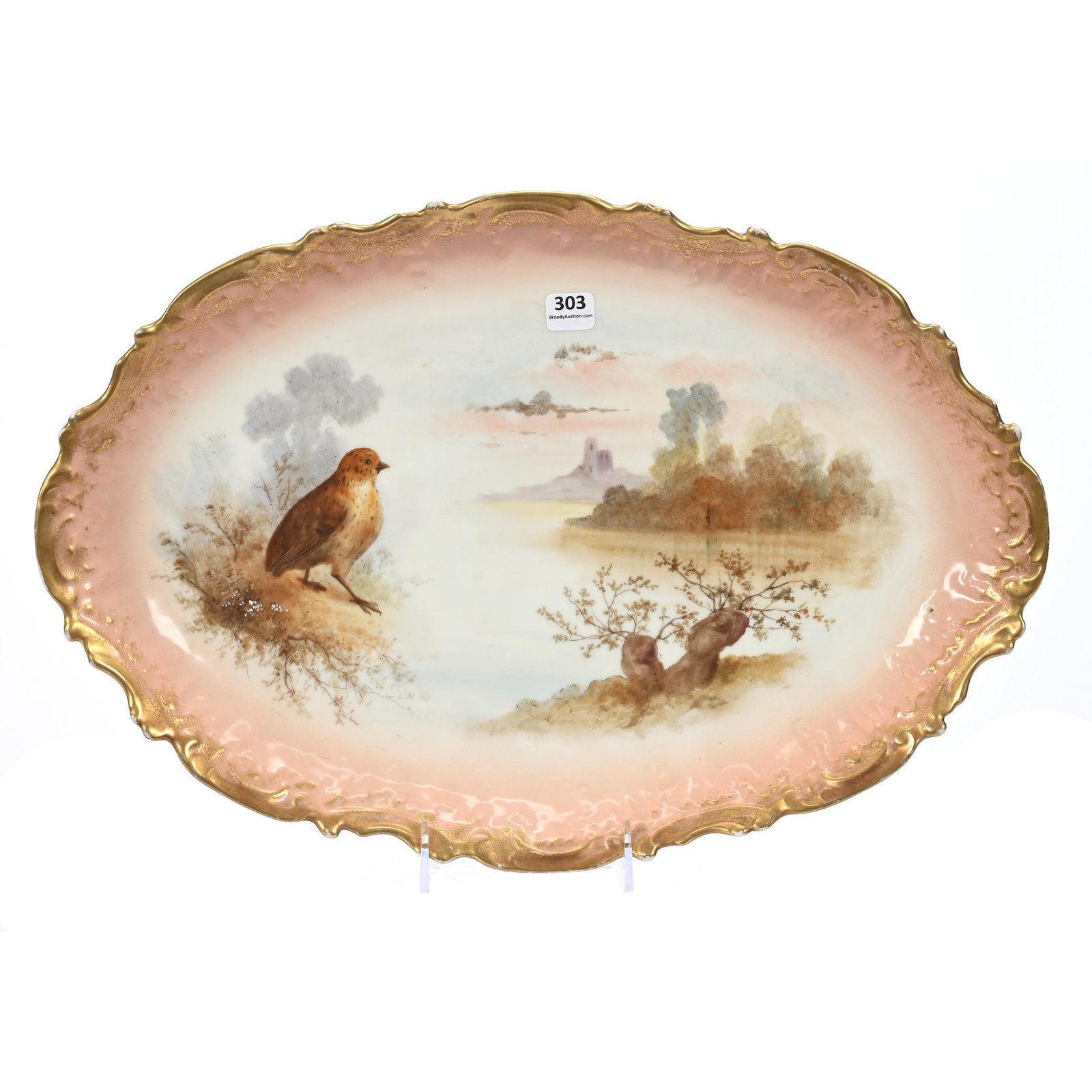 Platter Marked Limoges, Game Bird: Platter Marked Limoges, Game Bird, 18.5" x 12.5", Salmon And White Tones, Heavy Gold Trim, New Jersey Collection.