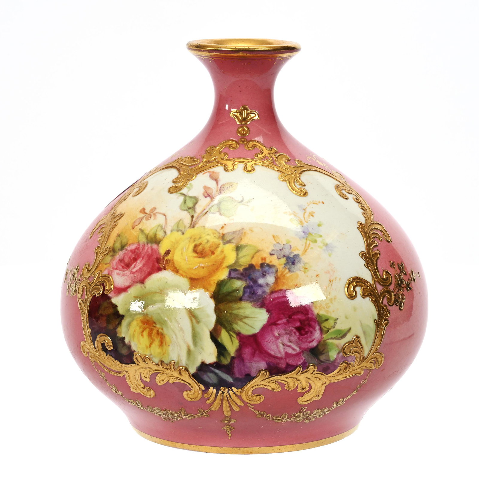 Vase Marked Royal Bonn: Vase Marked Royal Bonn, 5" x 4.75", Pink Ground, Colorful Floral Decor, Gold Enamel Scroll Highlights, Elfriede & Marvin Miller Estate, ND.