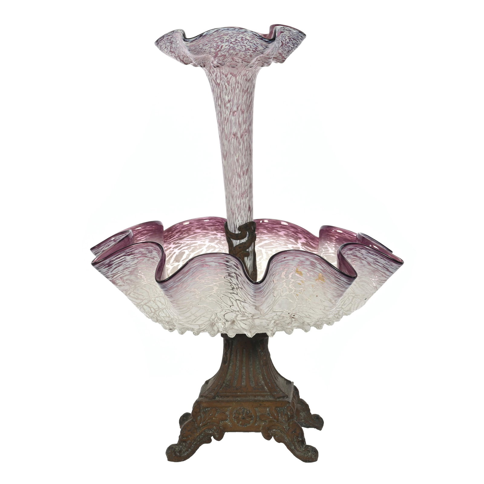 Center Epergne, Lavender & White Art Glass: Center Epergne, Lavender & White Art Glass, 13.5" x 10.25", Mottled, Ruffled Bowl With Matching Center Lily, Gilt Metal Fittings, Elfriede & Marvin Miller Estate, ND.