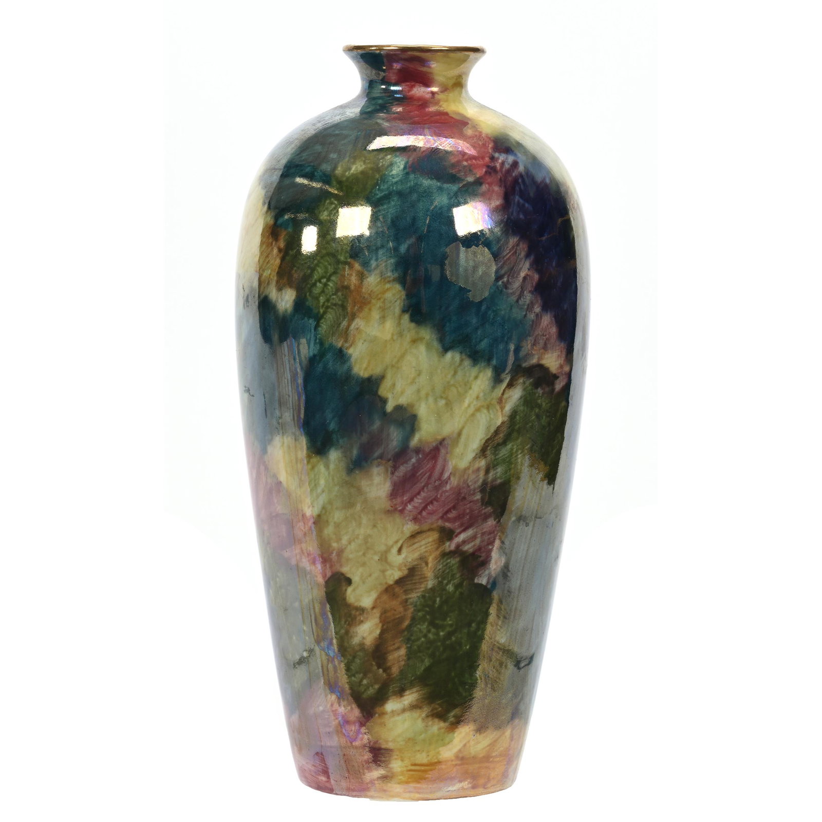 Vase Marked Stoke On Trent Corona Ware: Vase Marked Stoke On Trent Corona Ware, 9.25" x 4.25", Unique Mottled Lavender, Yellow, Blue, Green Luster Finish, Elfriede & Marvin Miller Estate, ND.