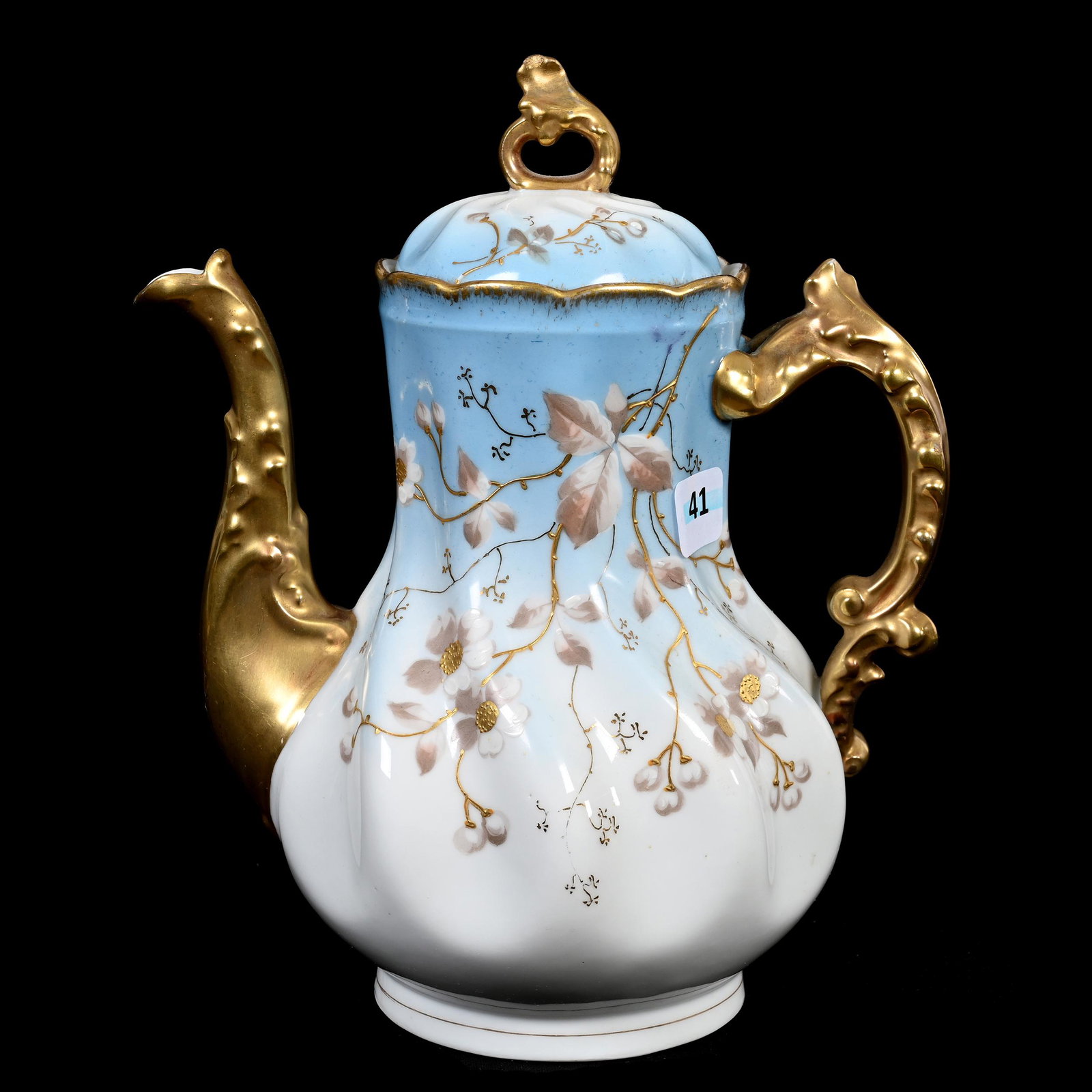 Demitasse Pot Marked L.S.&S Limoges: Demitasse Pot Marked L.S.&S Limoges, 8.75" x 7.5", Blue And White Tones, Branch And Blossom Decor, Heavy Gold Trim, New Jersey Private Collection.
