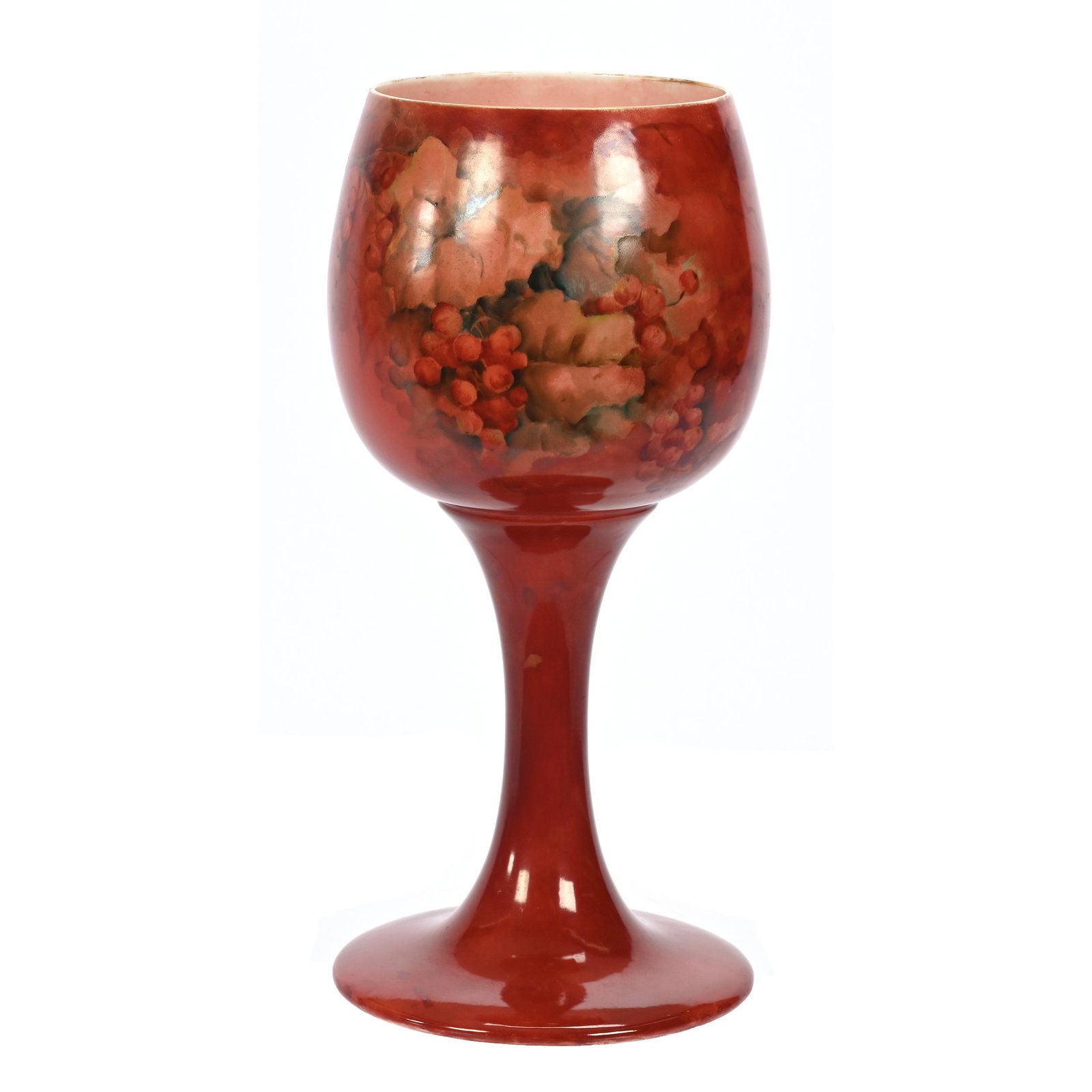 Toasting Goblet Marked Willetts Belleek: Toasting Goblet Marked Willetts Belleek, 11" x 5", Rust Brown Tones, Currant Decor, Artist Signed, Texas Private Collection.
