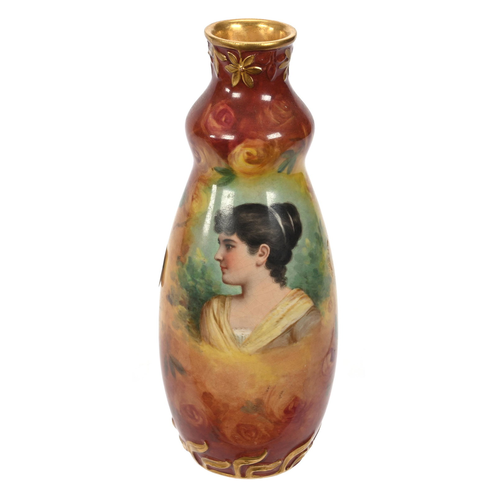 Vase Marked Royal Bonn: Vase Marked Royal Bonn, 7.75" x 3", Brown And Yellow Tones, Portrait Of Young Woman, Artist Signed Bode, Nice Quality, Elfriede & Marvin Miller Estate, ND.