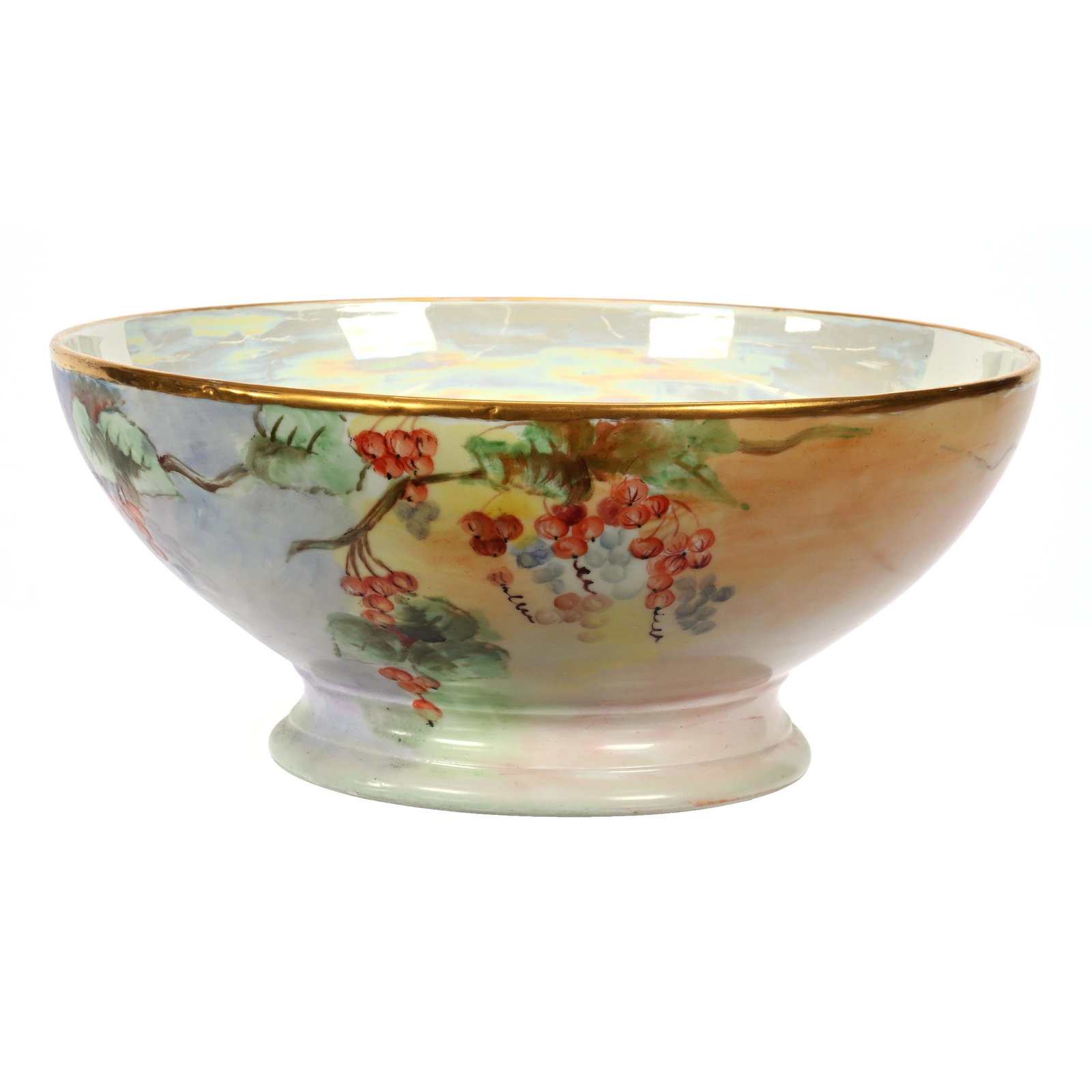 Pedestal Punch Bowl Marked T&V Limoges: Pedestal Punch Bowl Marked T&V Limoges, 5.25" x 12", Yellow, Pink, Blue And Green Tones, Currant Decor, Pearlized Iridescent Interior, New Jersey Private Collection.