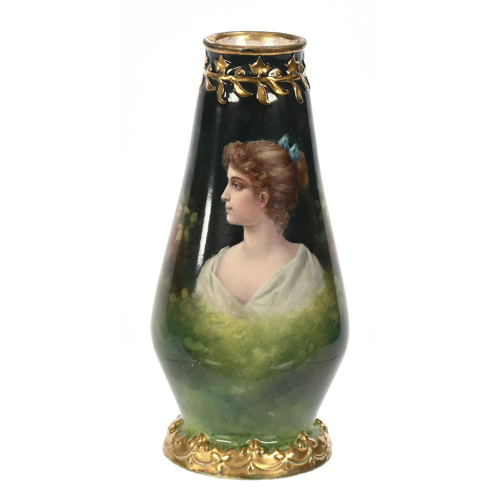 Vase Marked Royal Bonn: Vase Marked Royal Bonn, 9" x 4", Green Tones, Portrait Of Young Woman, Gold Trim Highlights, Artist Signed, Elfriede & Marvin Miller Estate, ND.